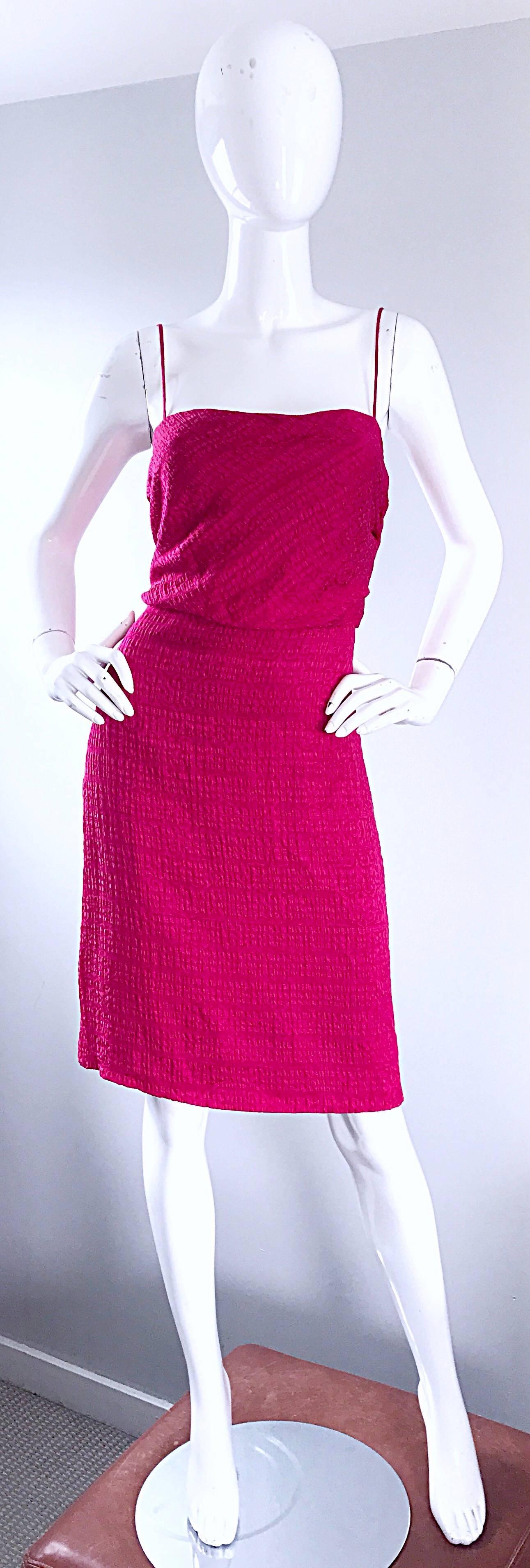Beautiful 1990s GIROGIO ARMANI shocking hot raspberry  pink / fuchsia textured silk dress! Luxurious textured silk. Spagetti straps and hidden side zipper with hook-and-eye closure. Interior strap offers additional support. Extremely well made, and