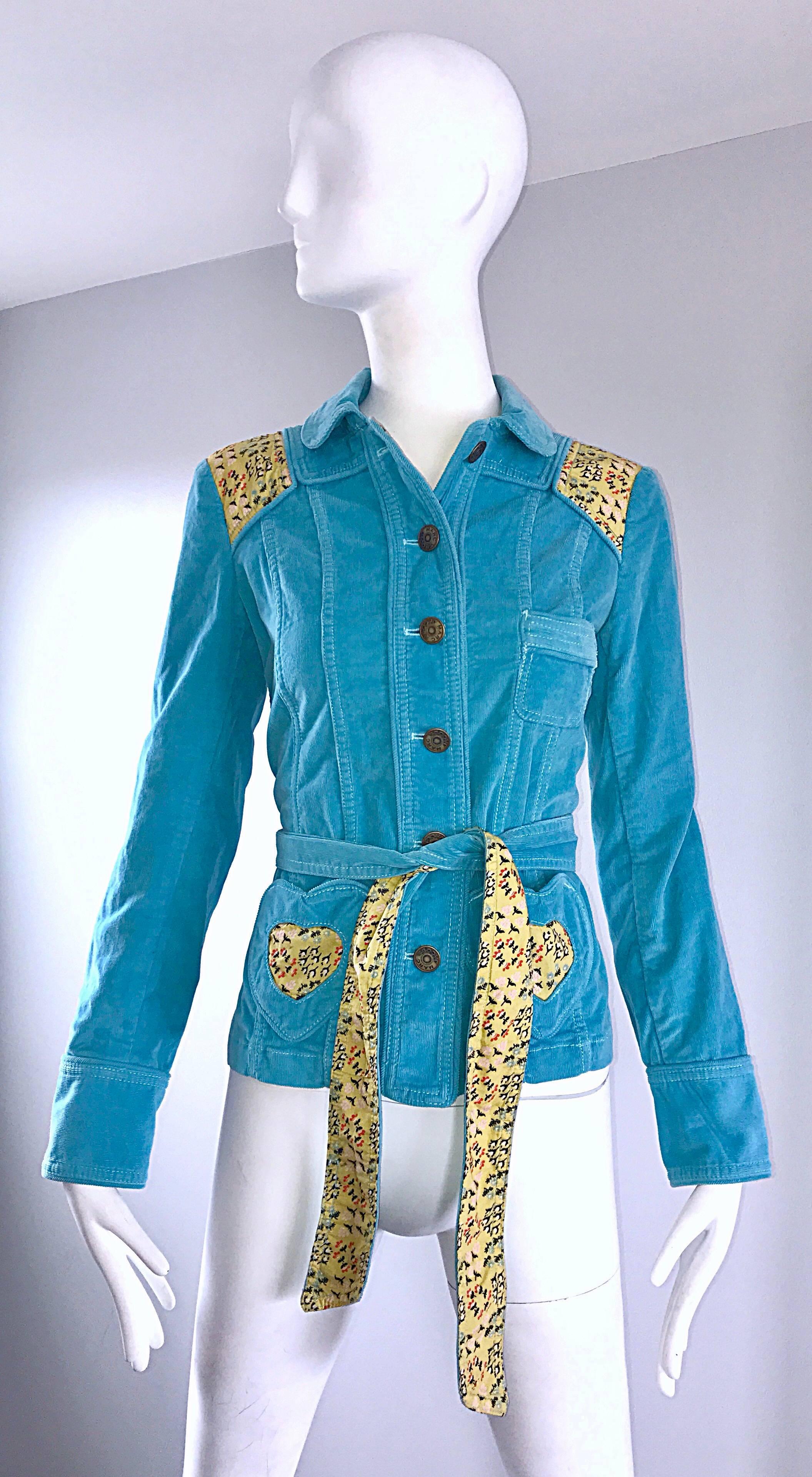 Chic early 2000s MARC JACOBS teal turquoise blue and yellow patchwork belted jacket! Soft cotton corduroy is perfect all year. Yellow flower patchworks throughout. Two heart shape patches on each side of the waist also serve as pockets. Heart