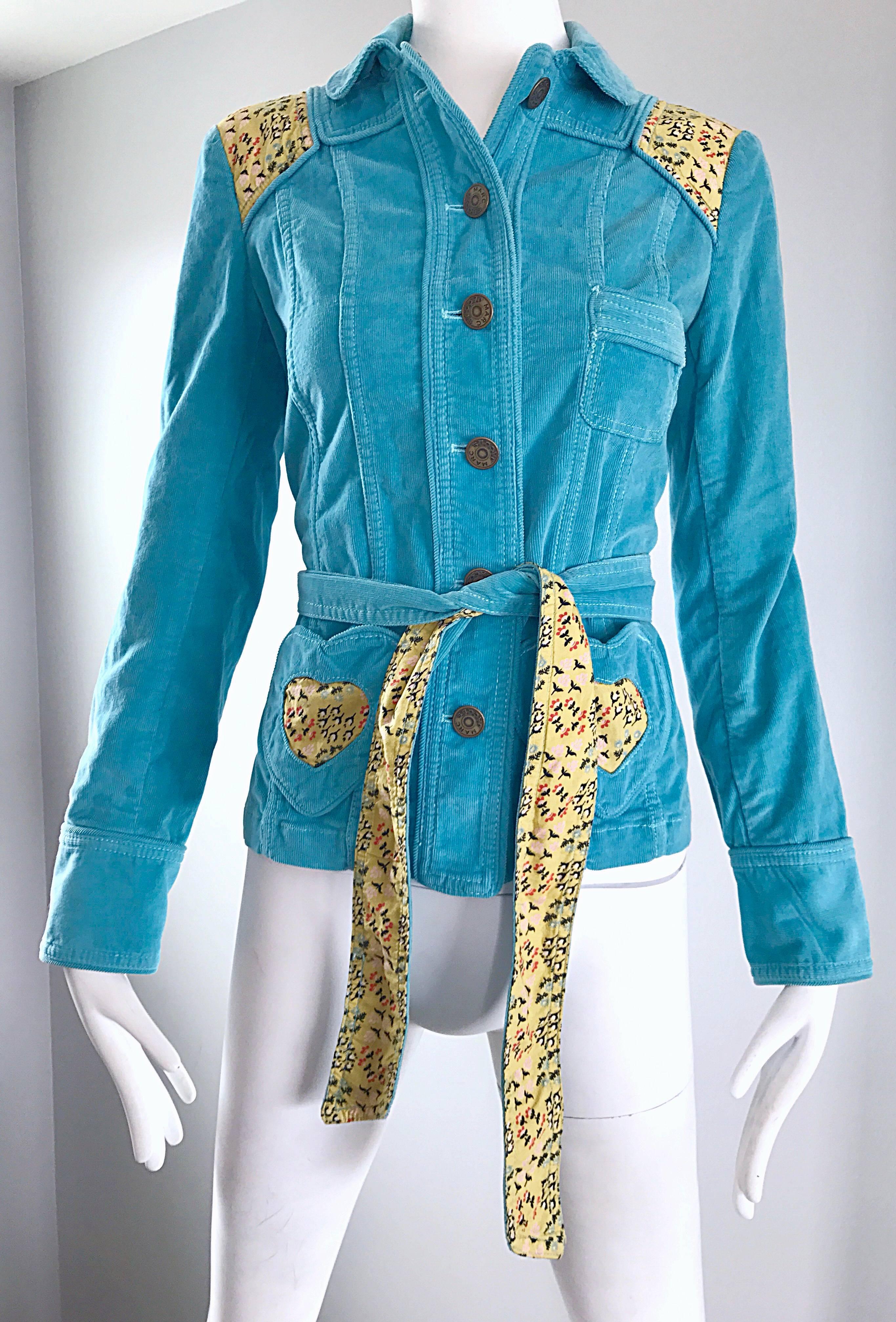 Women's Marc Jacobs 2000s Teal Blue + Yellow Corduroy Patchwork ' Heart ' Belted Jacket 
