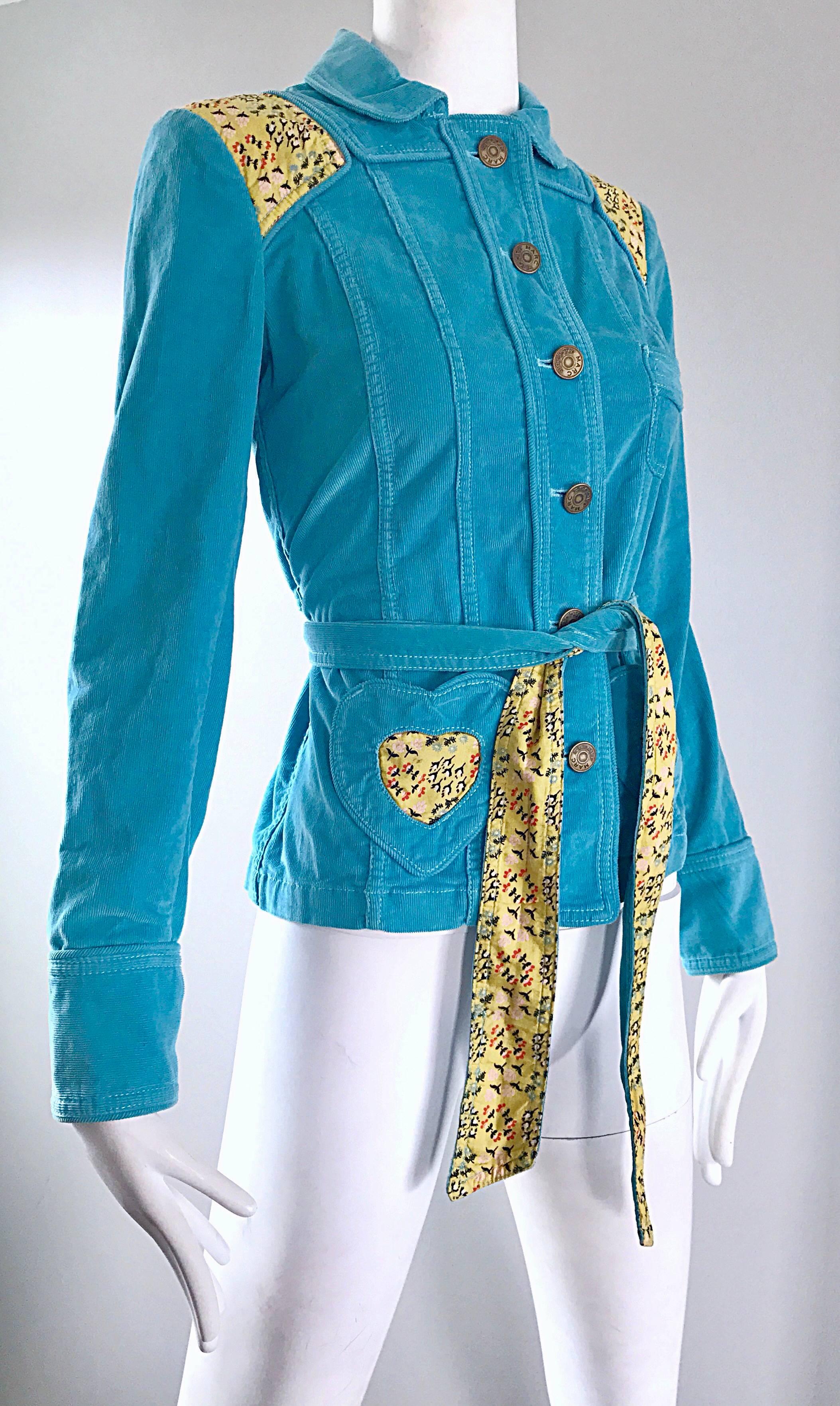 Marc Jacobs 2000s Teal Blue + Yellow Corduroy Patchwork ' Heart ' Belted Jacket  1