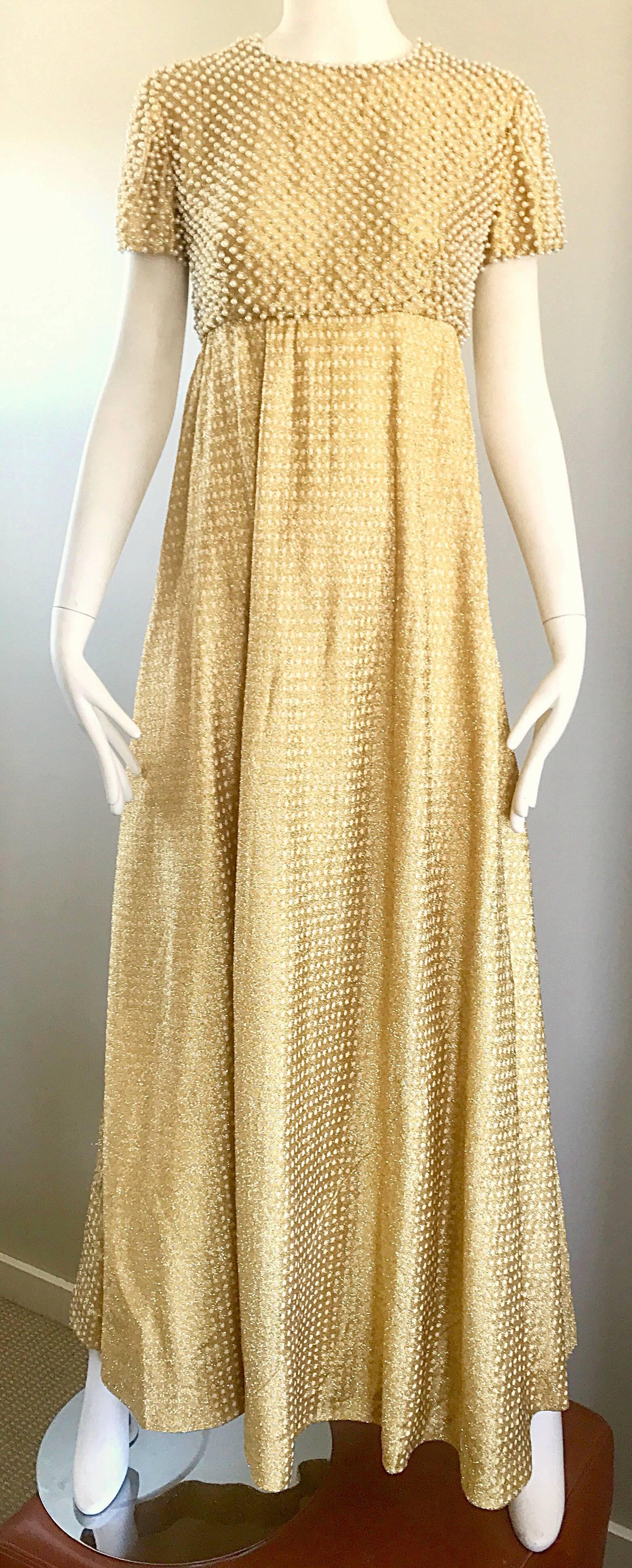 Women's Geoffrey Beene 1960s Pearl Encrusted Gold Metallic Rare Vintage 60s Evening Gown