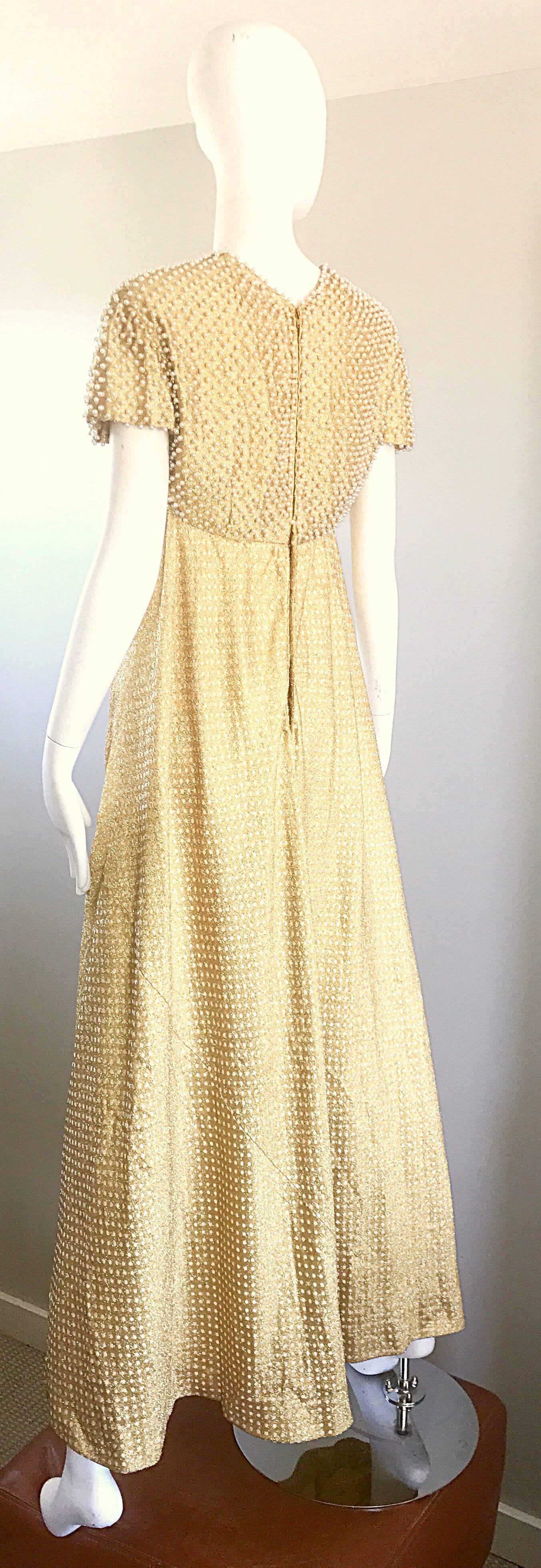 Geoffrey Beene 1960s Pearl Encrusted Gold Metallic Rare Vintage 60s Evening Gown 1