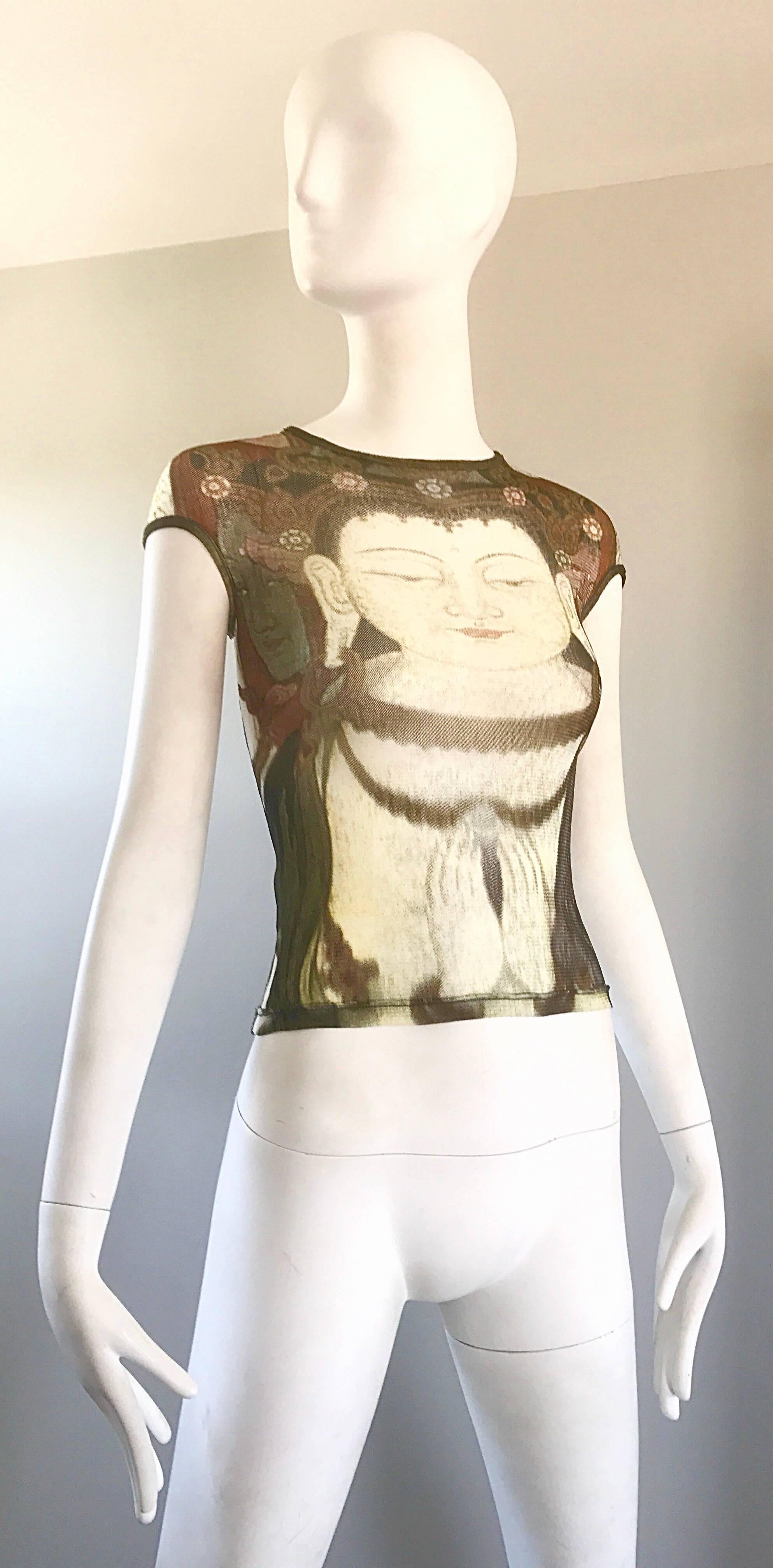 Women's Rare 1990s Vivienne Tam Buddha Collection Semi Sheer Blouse Vintage 90s Top 