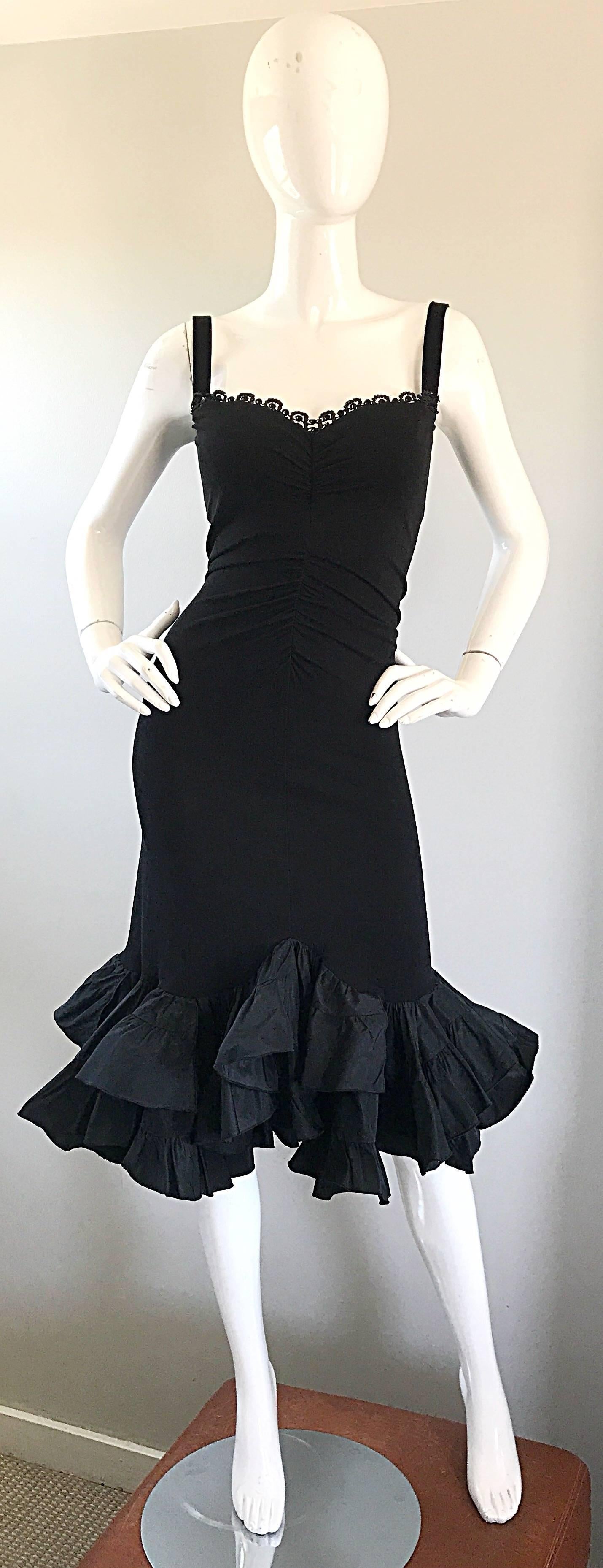 Sexy, yet sophisticated 90s MAX MARA bodcon mermaid style dress! Black rayon jersey stretches to fit. Embroidery and sequin detail above the bust. Black velvet straps. Lots of built-in interior support at the bust. Flattering ruched detail down the