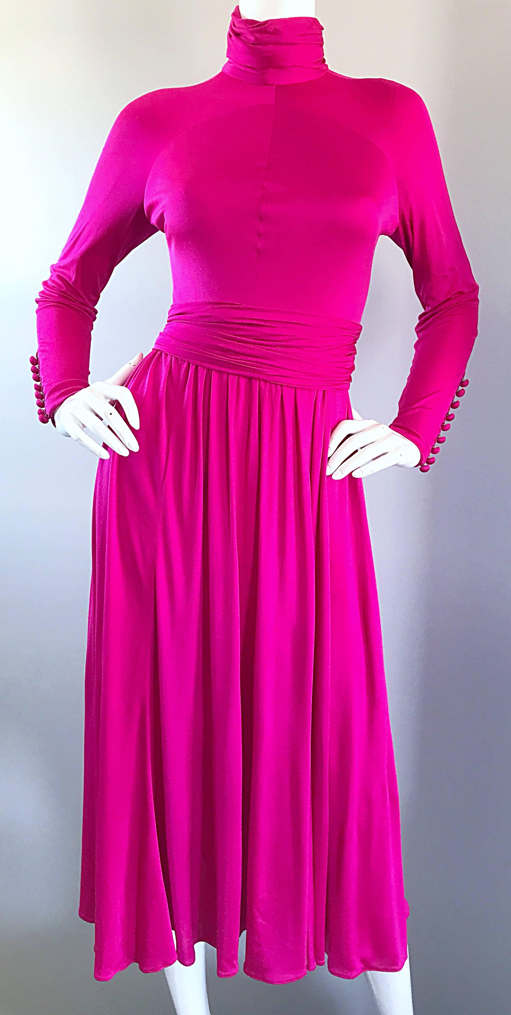 Vintage Geoffrey Beene Shocking Hot Pink Fuchsia Silk Jersey Long Sleeve Dress 1