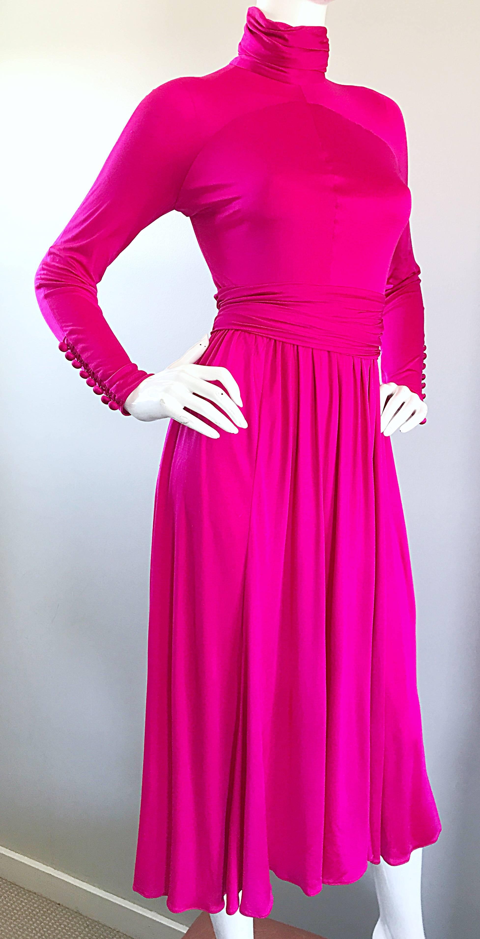 Vintage Geoffrey Beene Shocking Hot Pink Fuchsia Silk Jersey Long Sleeve Dress 2
