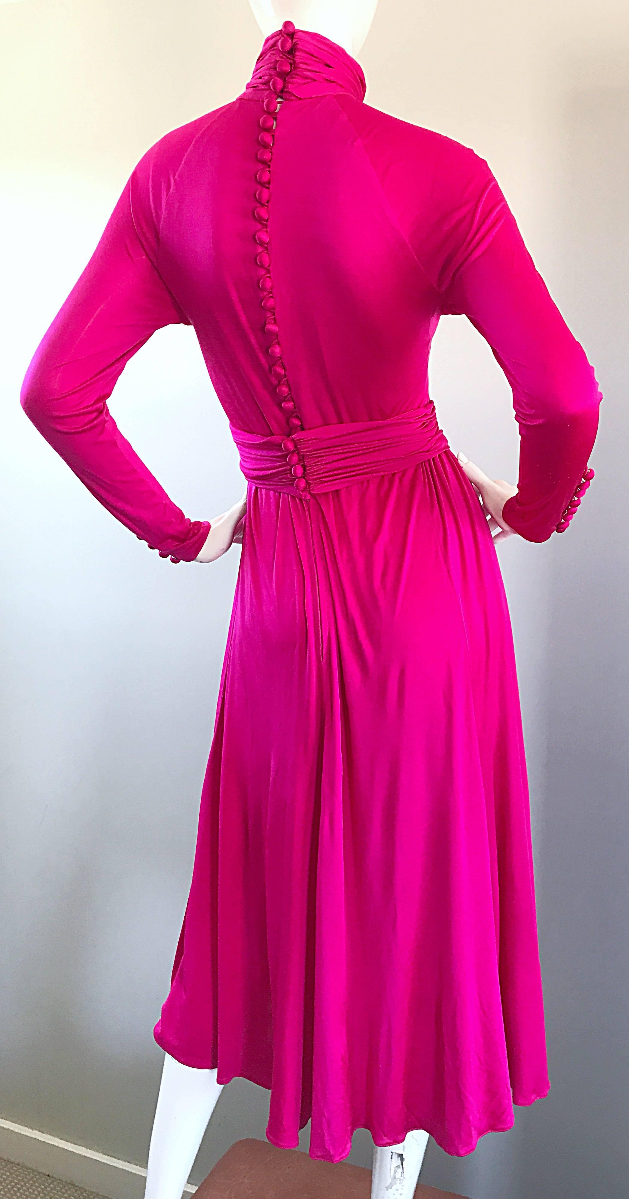 Vintage Geoffrey Beene Shocking Hot Pink Fuchsia Silk Jersey Long Sleeve Dress 3