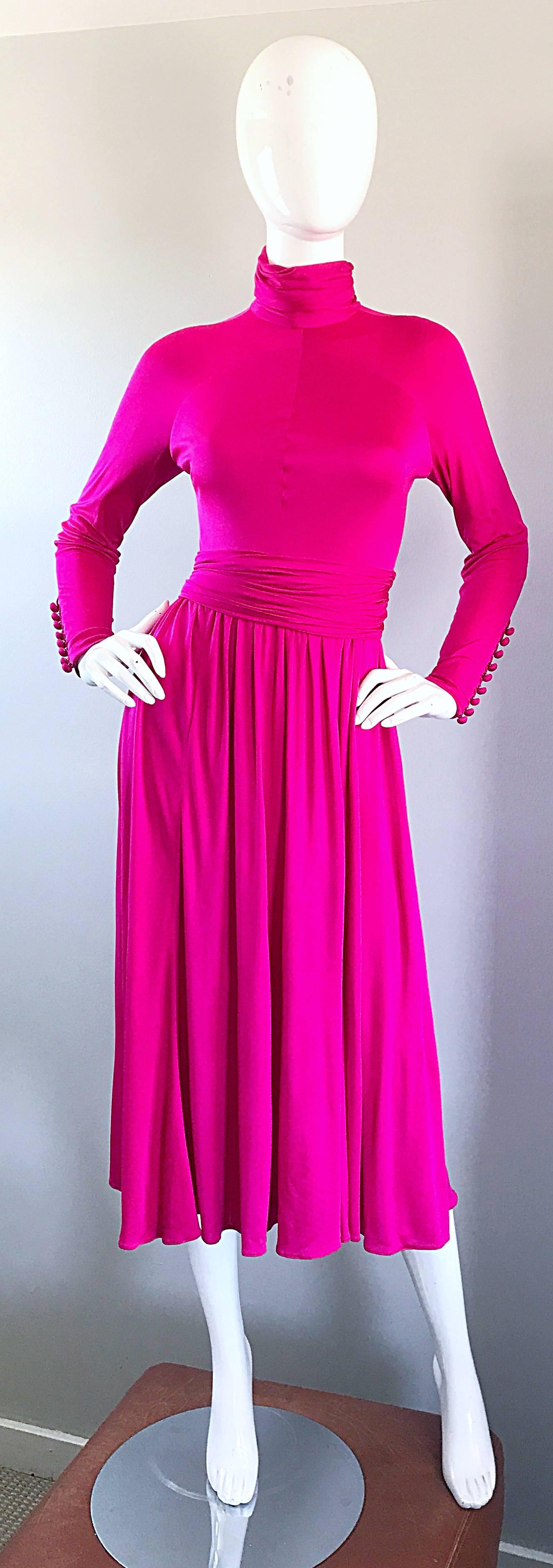 Vintage Geoffrey Beene Shocking Hot Pink Fuchsia Silk Jersey Long Sleeve Dress 4