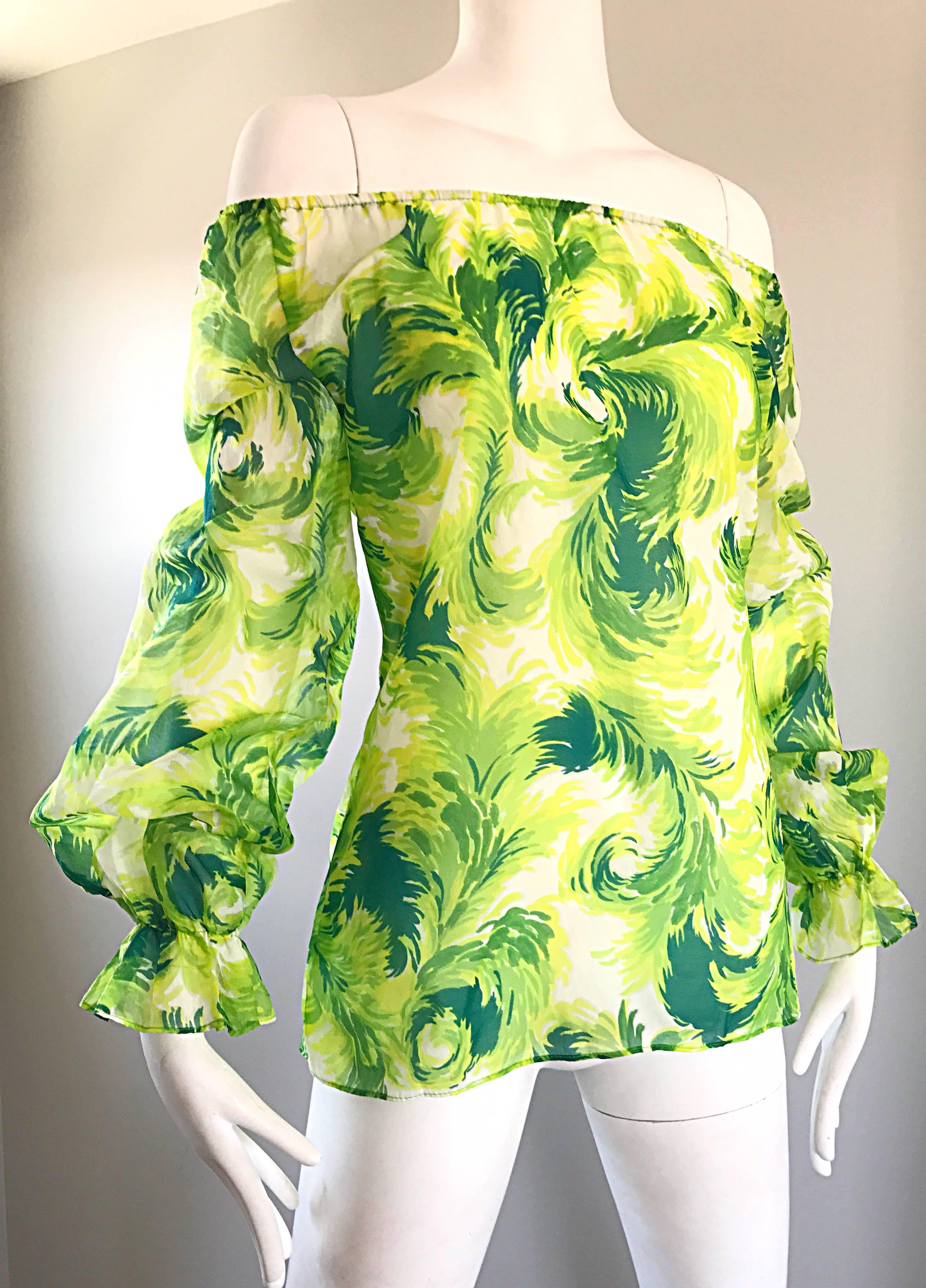 Yellow Amazing 1970s Bright Green and White Feather Print Boho Off - Shoulder 70s Top For Sale