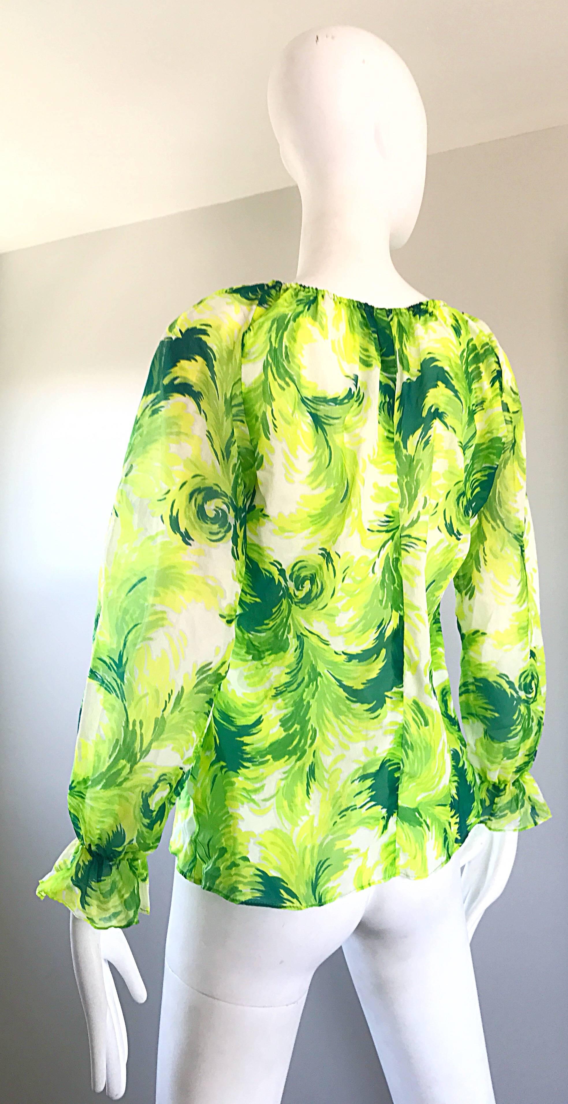Amazing 1970s Bright Green and White Feather Print Boho Off - Shoulder 70s Top For Sale 1