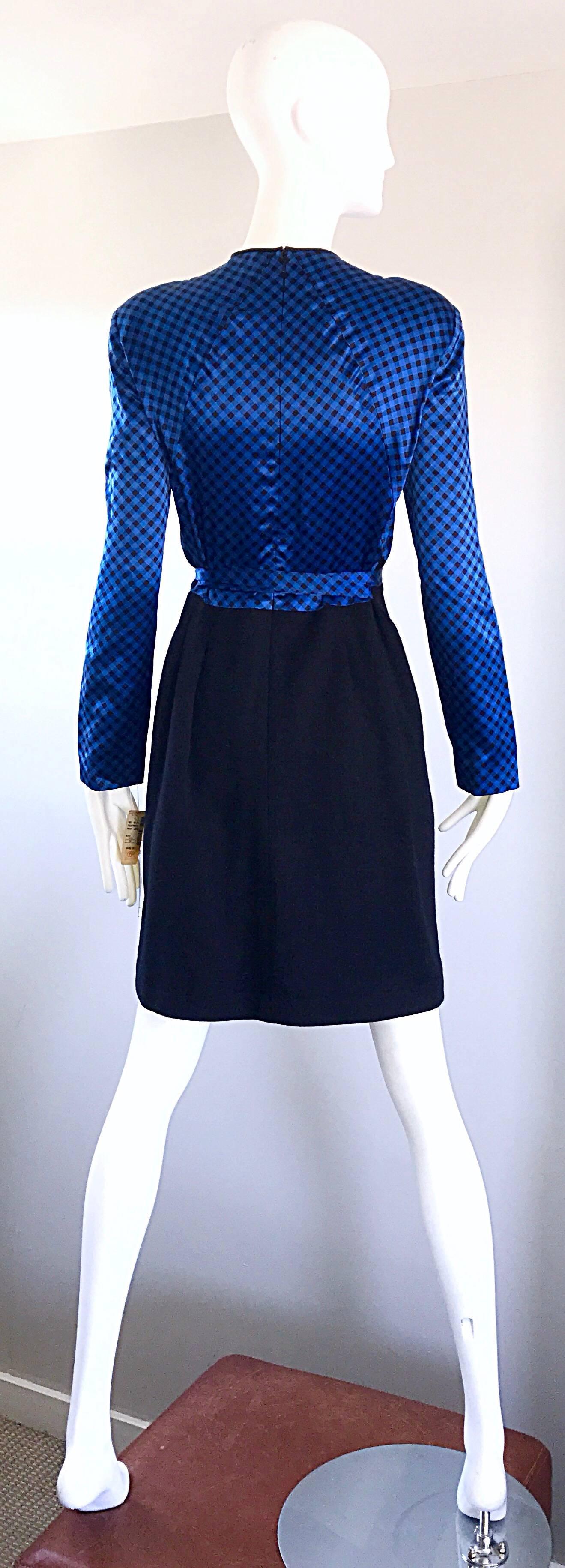 NWT 1990s Geoffrey Beene Size 10 Royal Blue Black Gingham Long Sleeve Dress In New Condition For Sale In San Diego, CA