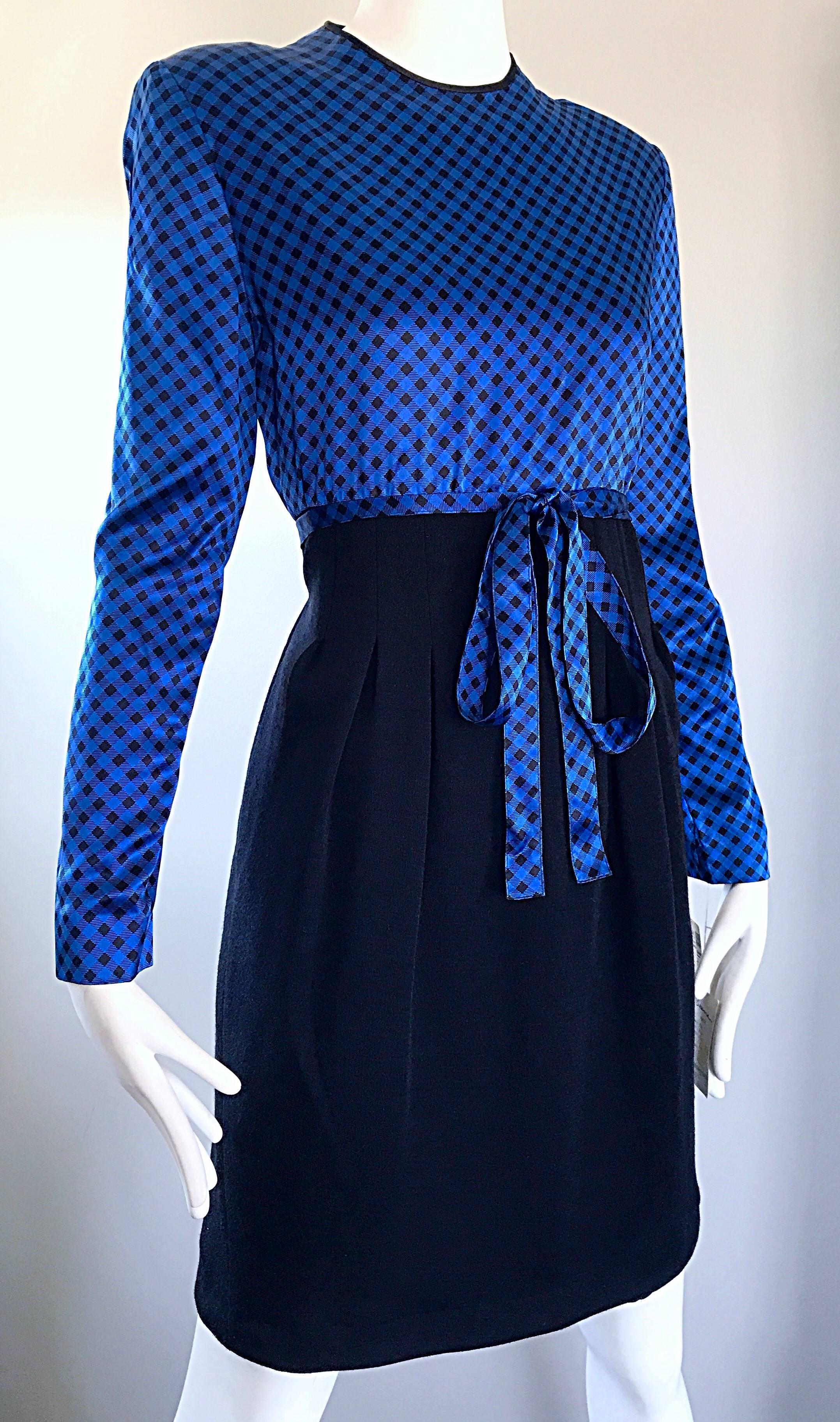 NWT 1990s Geoffrey Beene Size 10 Royal Blue Black Gingham Long Sleeve Dress For Sale 3