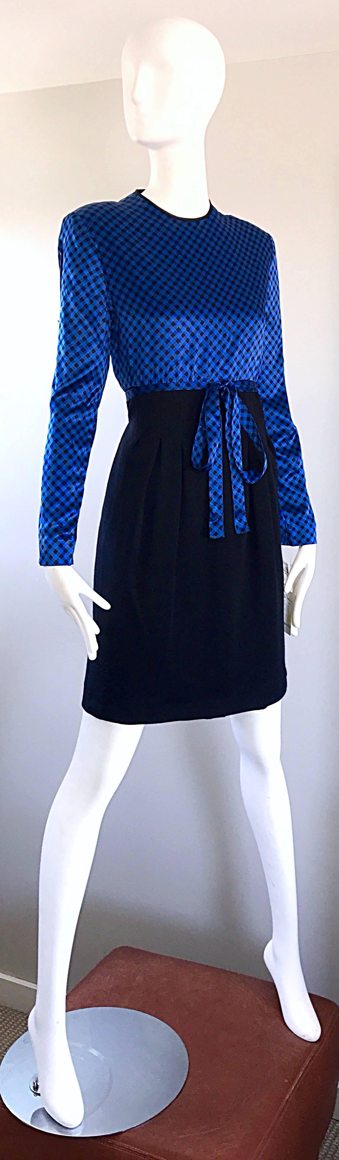 NWT 1990s Geoffrey Beene Size 10 Royal Blue Black Gingham Long Sleeve Dress For Sale 1