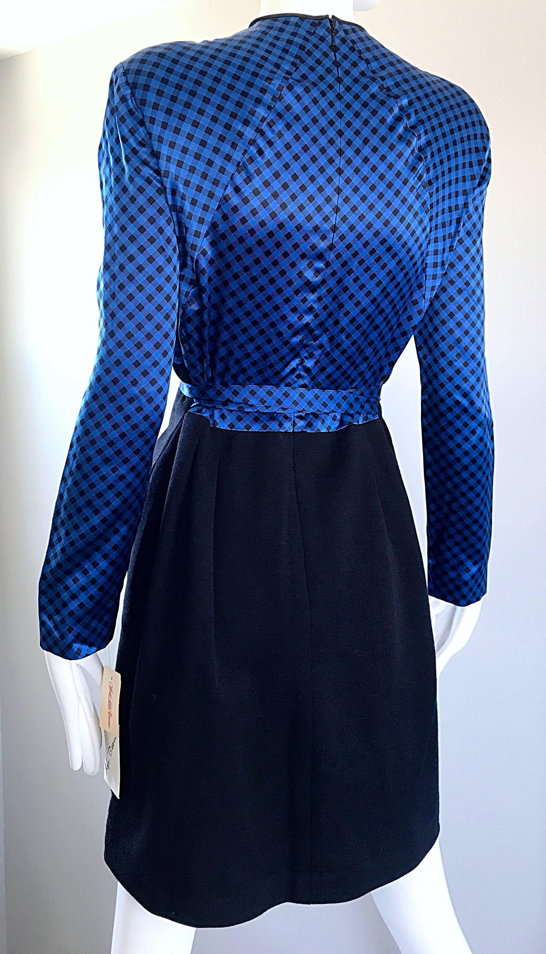 NWT 1990s Geoffrey Beene Size 10 Royal Blue Black Gingham Long Sleeve Dress For Sale 2
