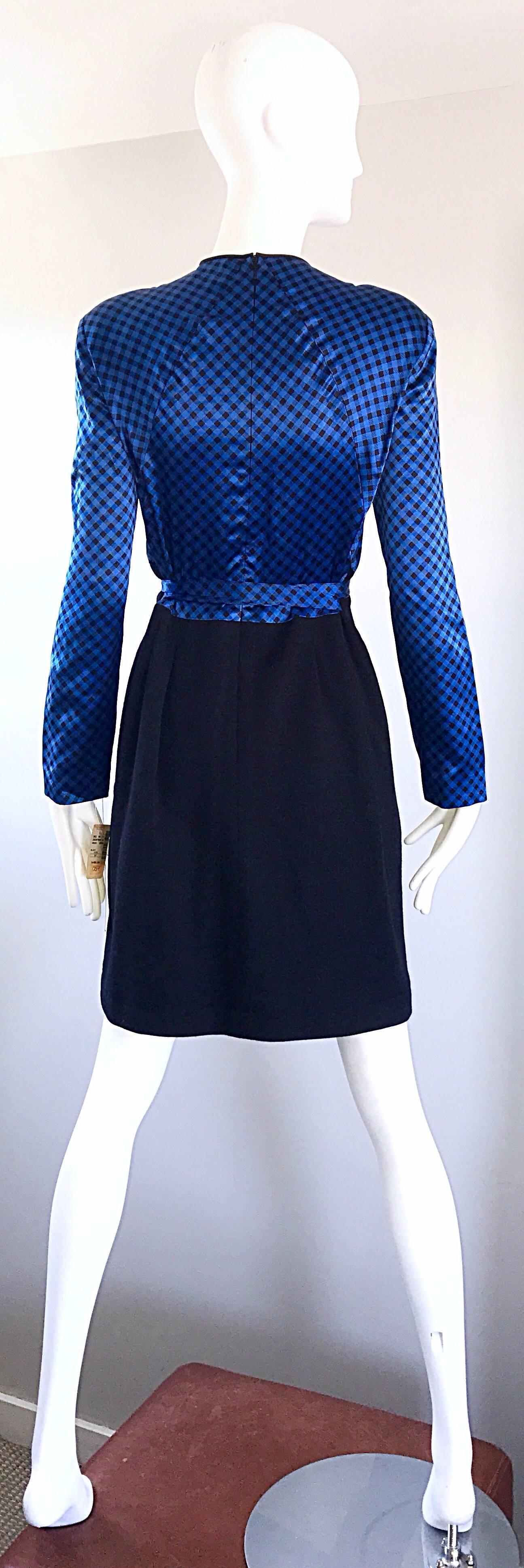NWT 1990s Geoffrey Beene Size 10 Royal Blue Black Gingham Long Sleeve Dress For Sale 4