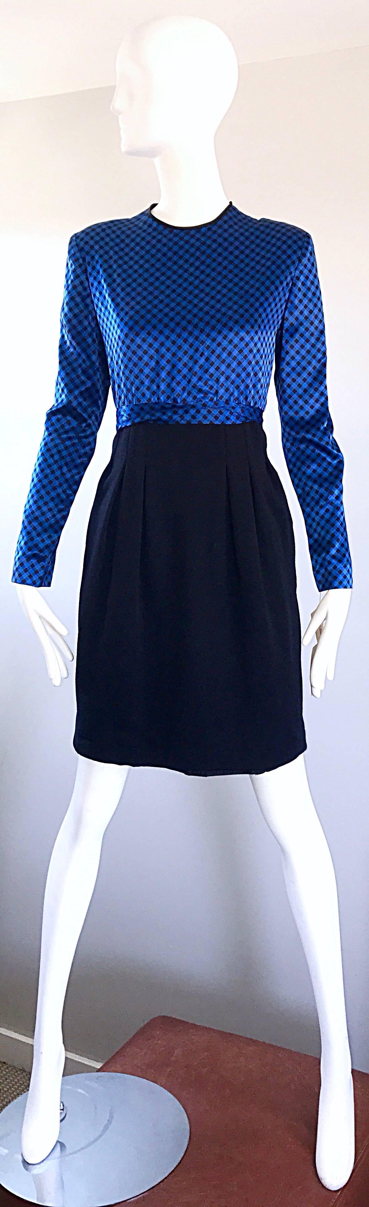 NWT 1990s Geoffrey Beene Size 10 Royal Blue Black Gingham Long Sleeve Dress For Sale 5
