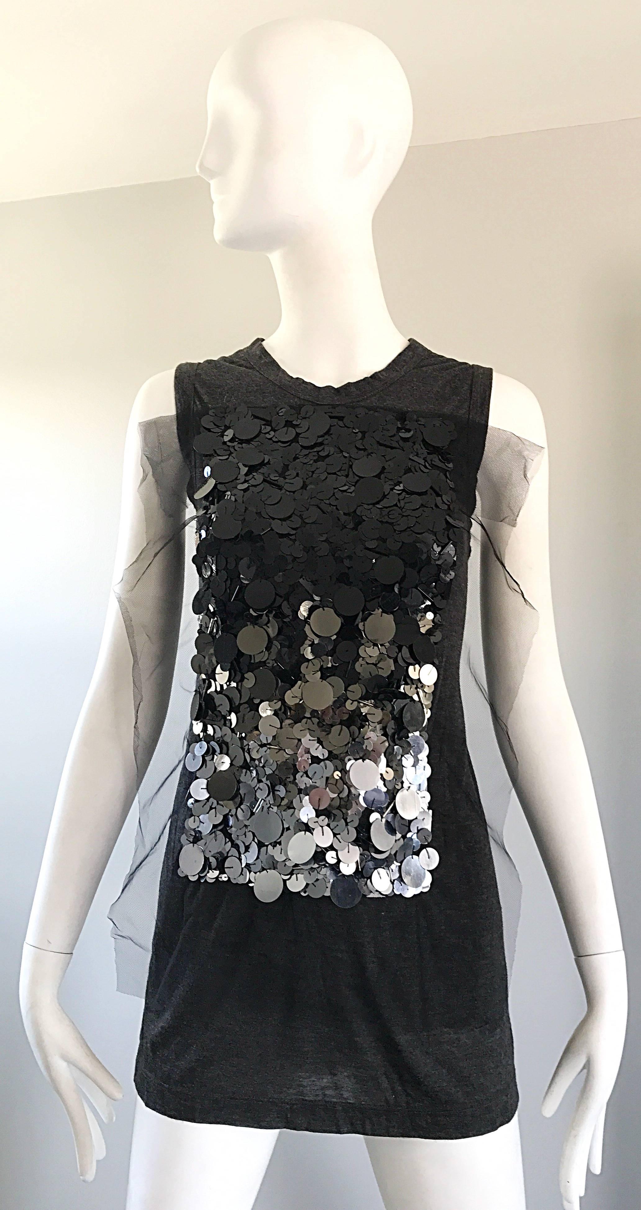 Smashing vintage 90s VERA WANG charcoal grey cotton top! Features a black tulle square panel on the front, with hundreds of hand-sewn sequin paillettes in silver, gunmetal and black (all in an array of sizes). Simply slips over the head. Soft cotton