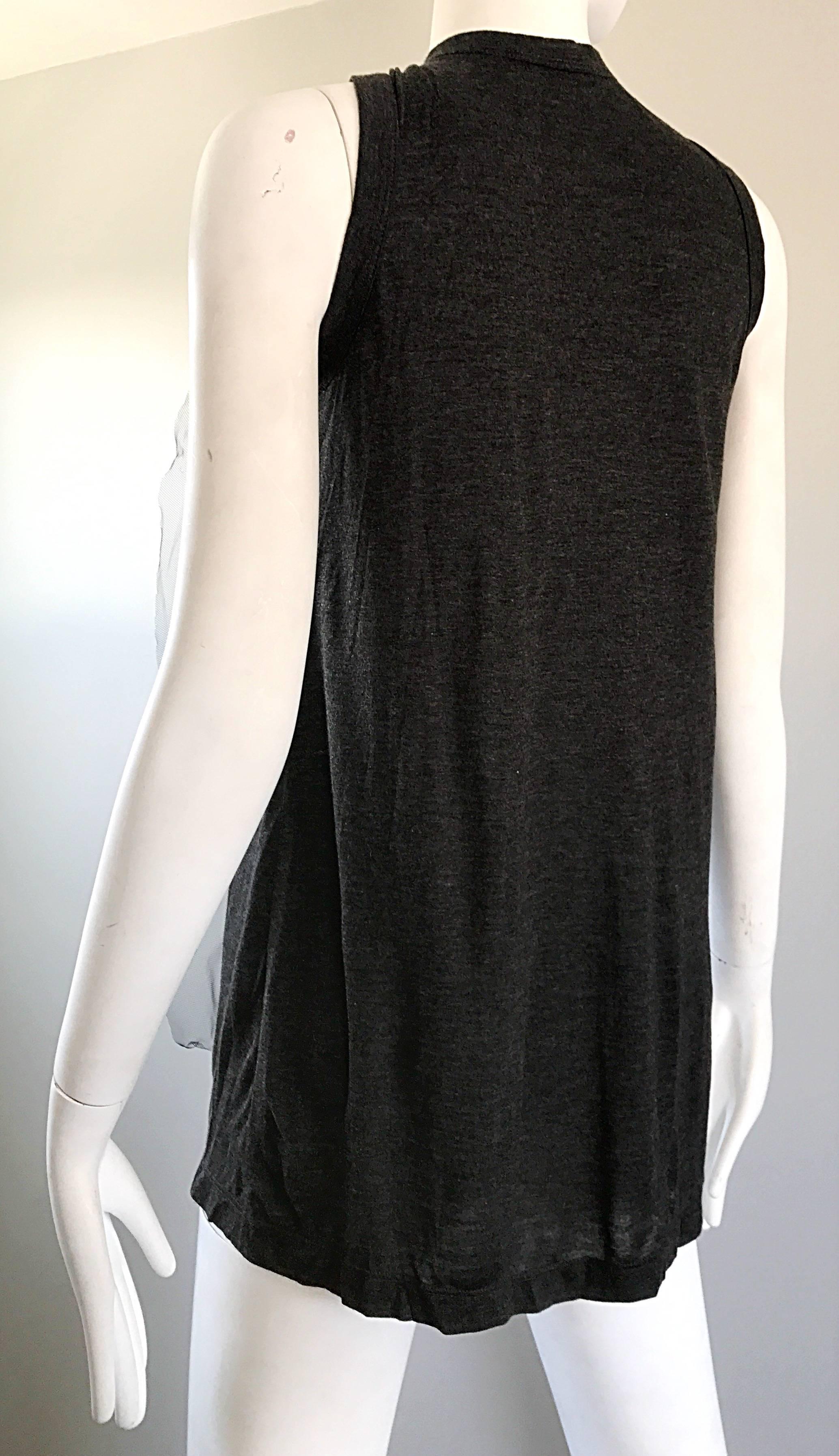 1990s Vera Wang Charcoal Gray Paillettes Tulle Sleeveless Vintage Blouse Top For Sale 3