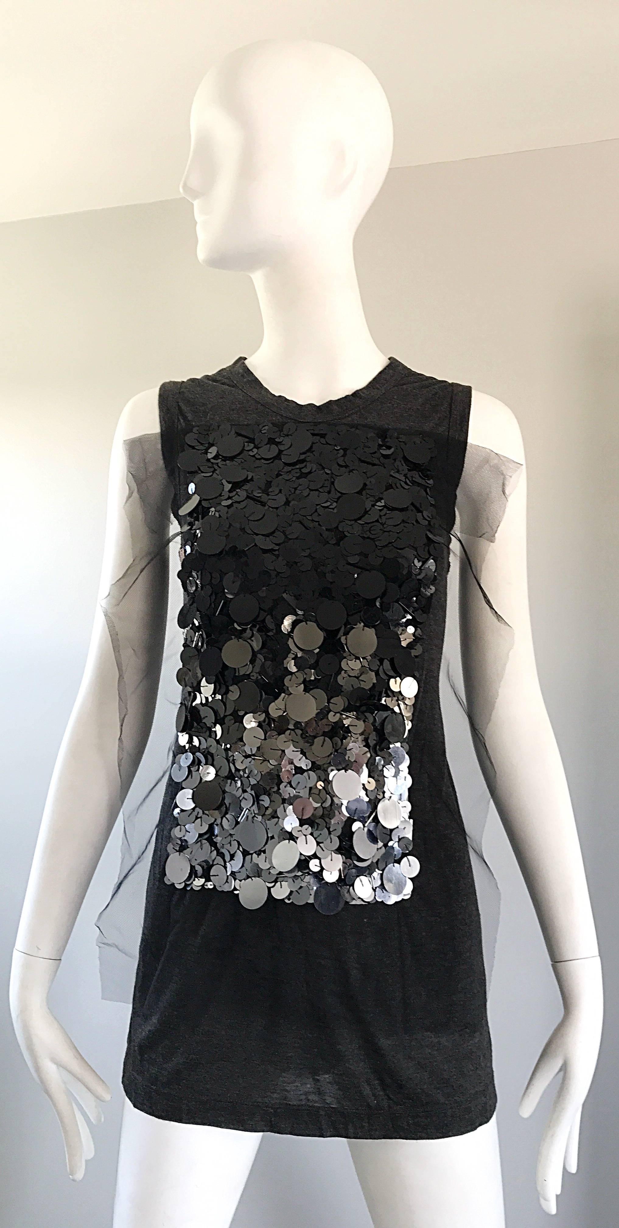1990s Vera Wang Charcoal Gray Paillettes Tulle Sleeveless Vintage Blouse Top For Sale 4