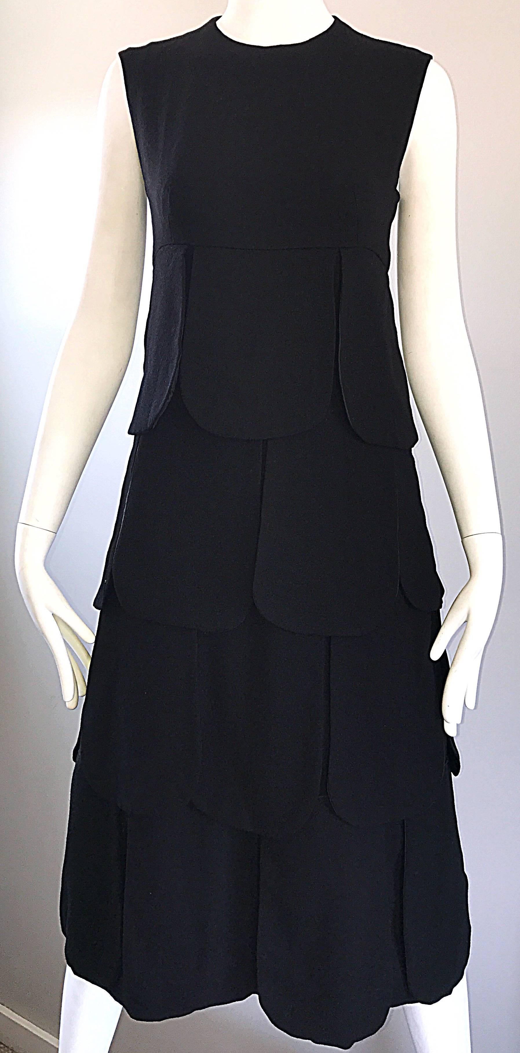 Women's 1960s Pierre Cardin Haute Couture Space Age Mod Black Wool Vintage 60s Dress For Sale