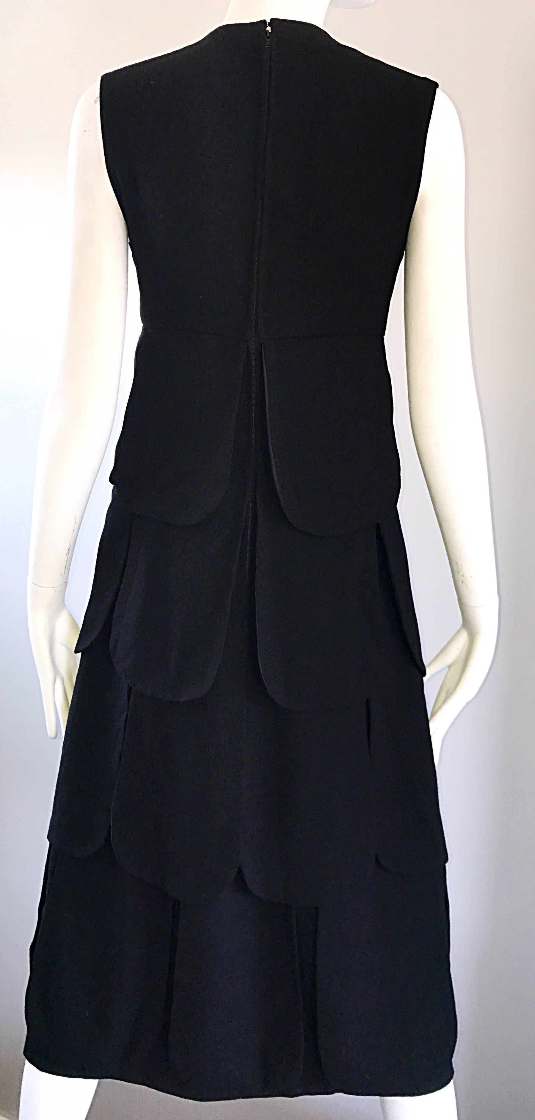 1960s Pierre Cardin Haute Couture Space Age Mod Black Wool Vintage 60s Dress For Sale 1