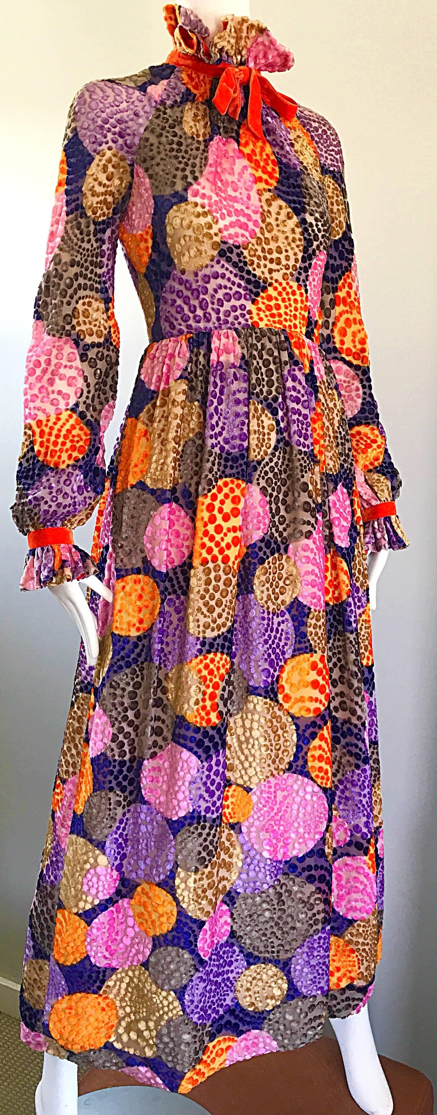 1970s Geoffrey Beene Silk Cut - Out Velvet Polka Dot Vintage 70s Maxi Dress In Good Condition In San Diego, CA