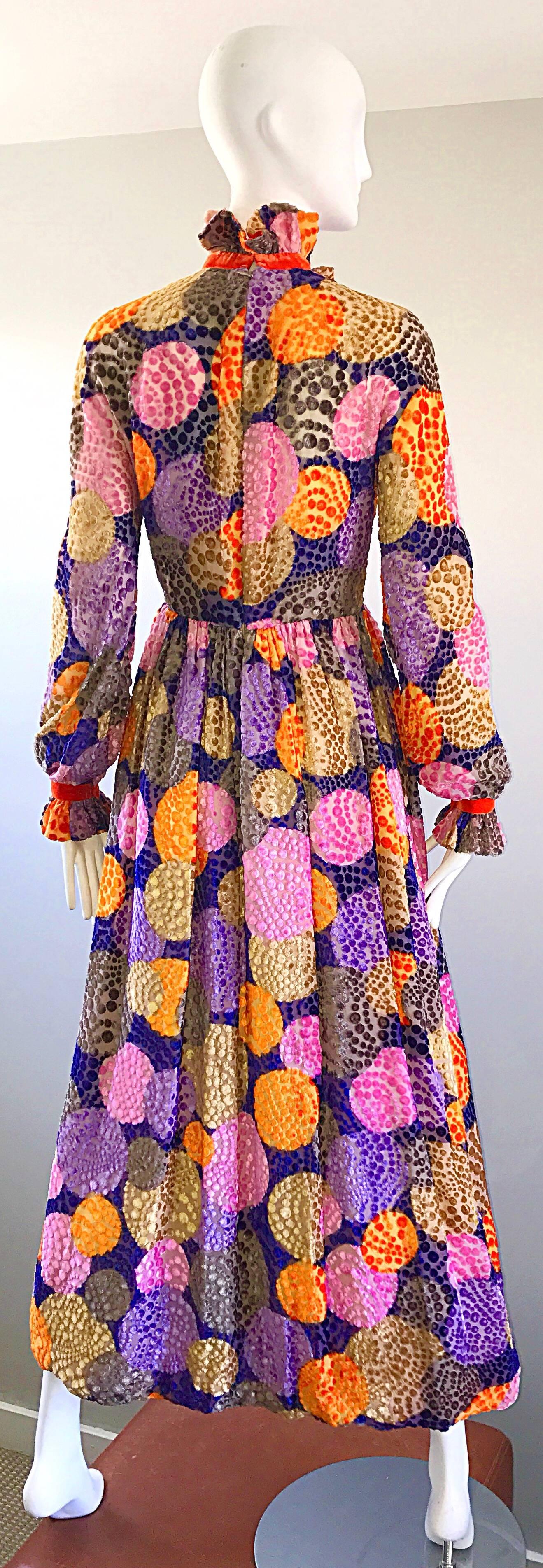 Women's 1970s Geoffrey Beene Silk Cut - Out Velvet Polka Dot Vintage 70s Maxi Dress
