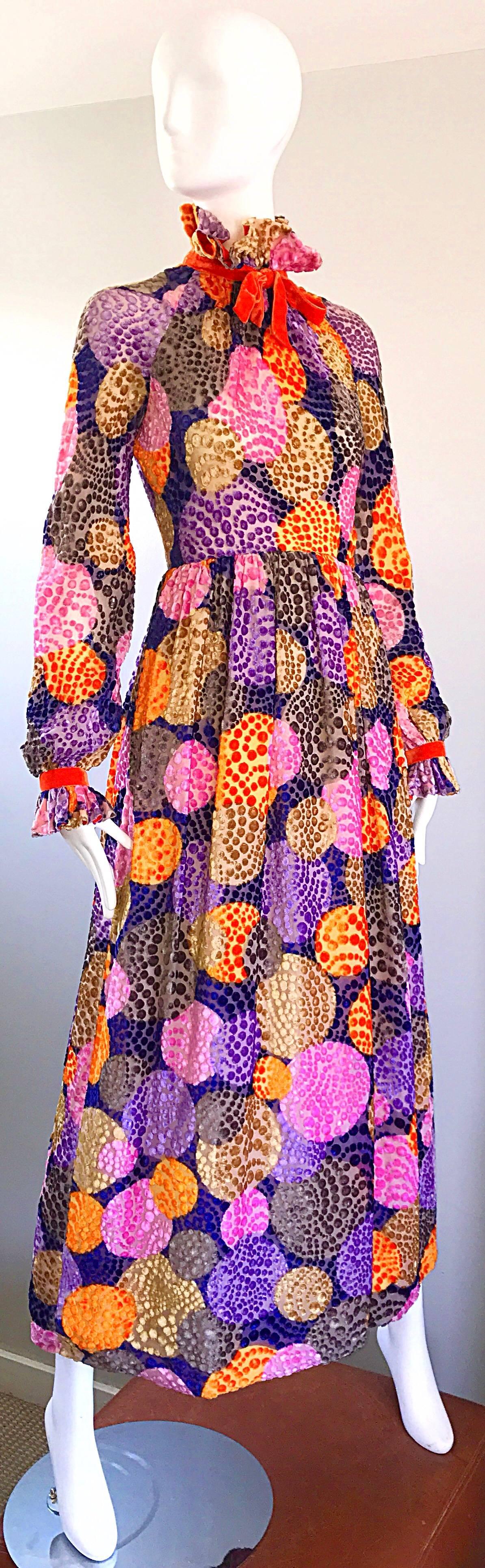 1970s Geoffrey Beene Silk Cut - Out Velvet Polka Dot Vintage 70s Maxi Dress 1