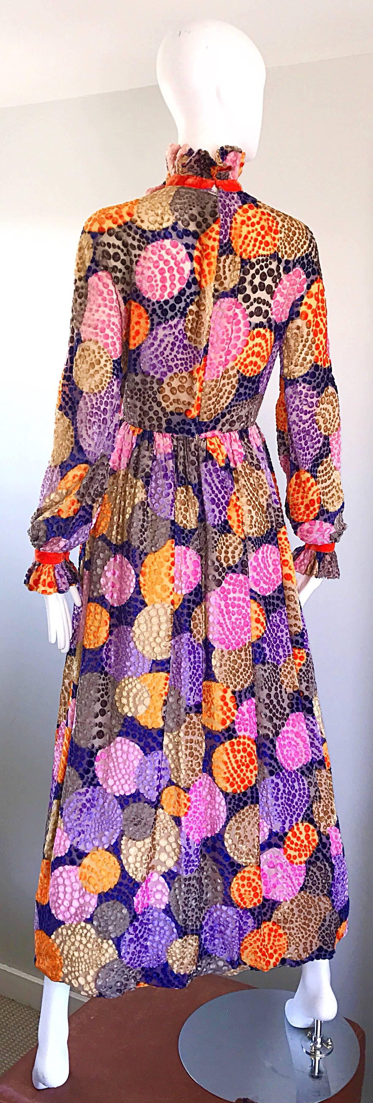 1970s Geoffrey Beene Silk Cut - Out Velvet Polka Dot Vintage 70s Maxi Dress 3