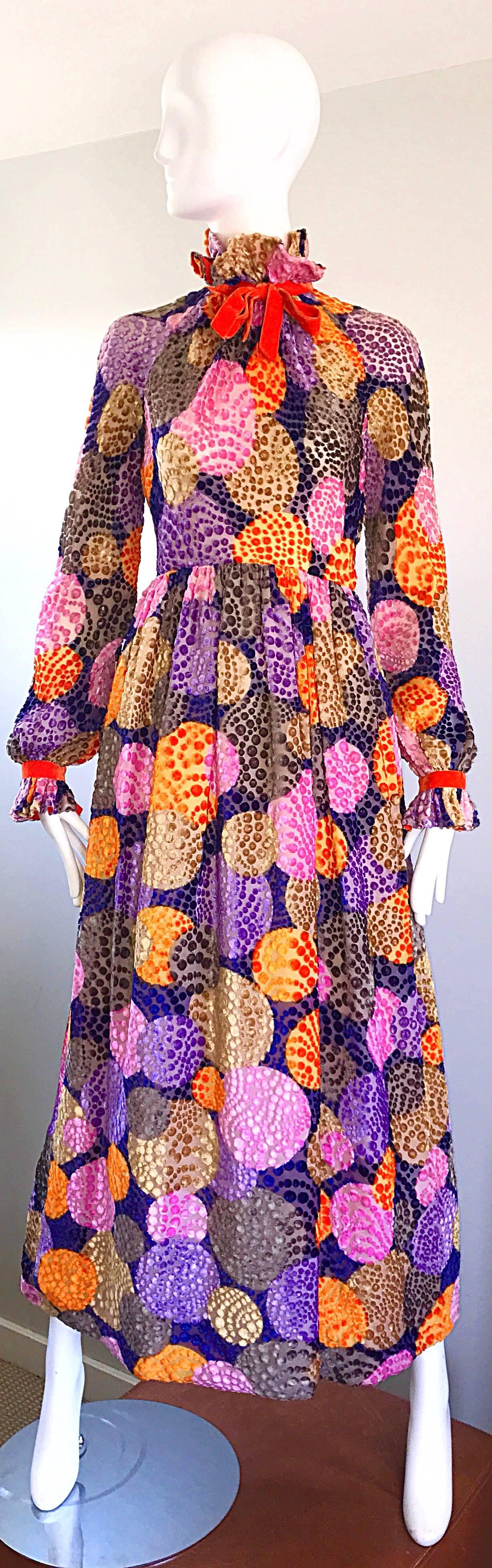 1970s Geoffrey Beene Silk Cut - Out Velvet Polka Dot Vintage 70s Maxi Dress 2