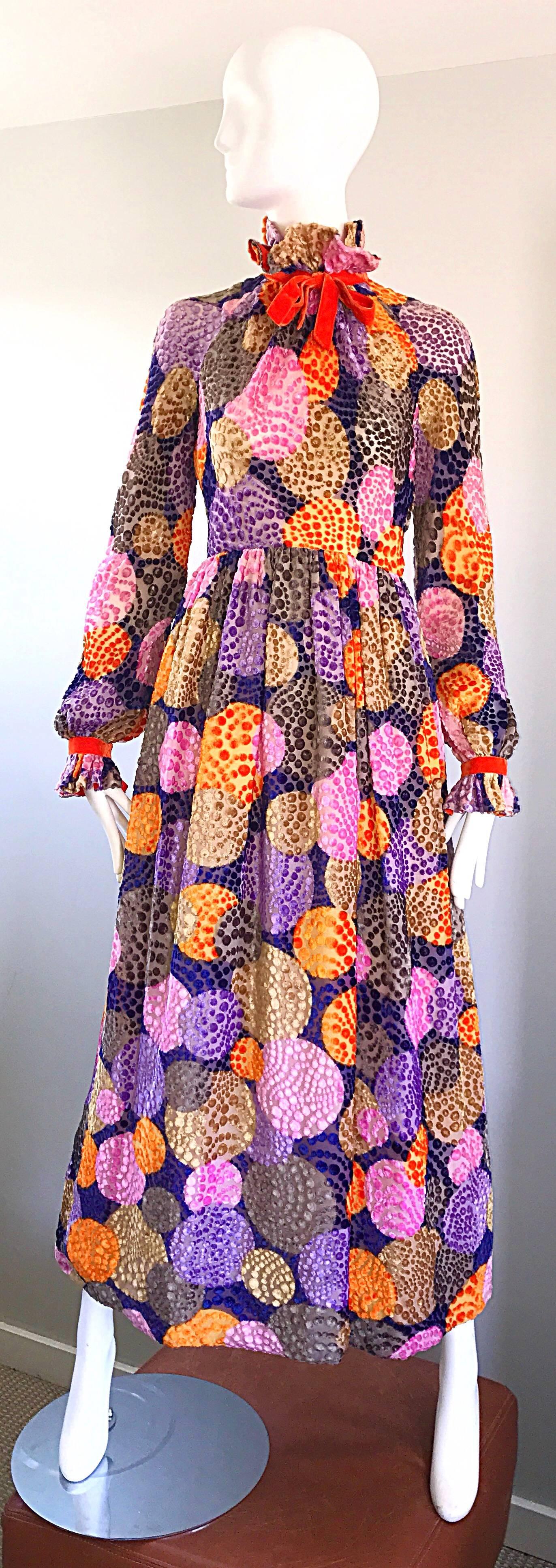 1970s Geoffrey Beene Silk Cut - Out Velvet Polka Dot Vintage 70s Maxi Dress 4
