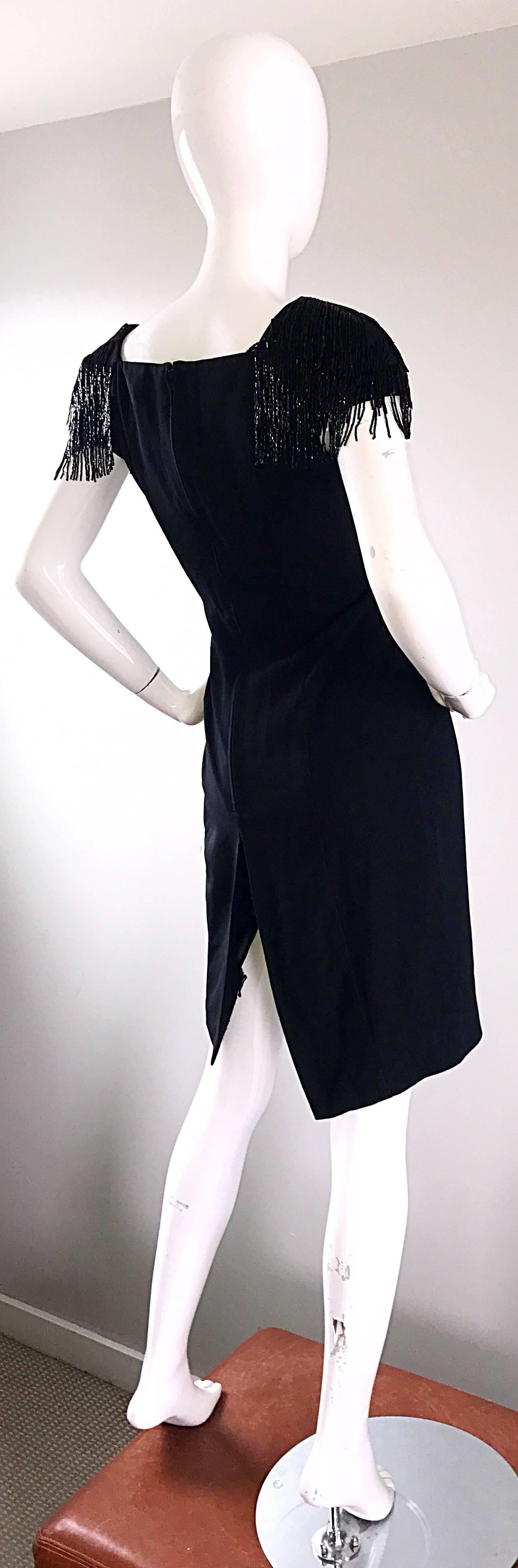 1990s Black Crepe Beaded Sleeves Bodycon Vintage Cap Sleeve Little Black Dress In Excellent Condition For Sale In San Diego, CA