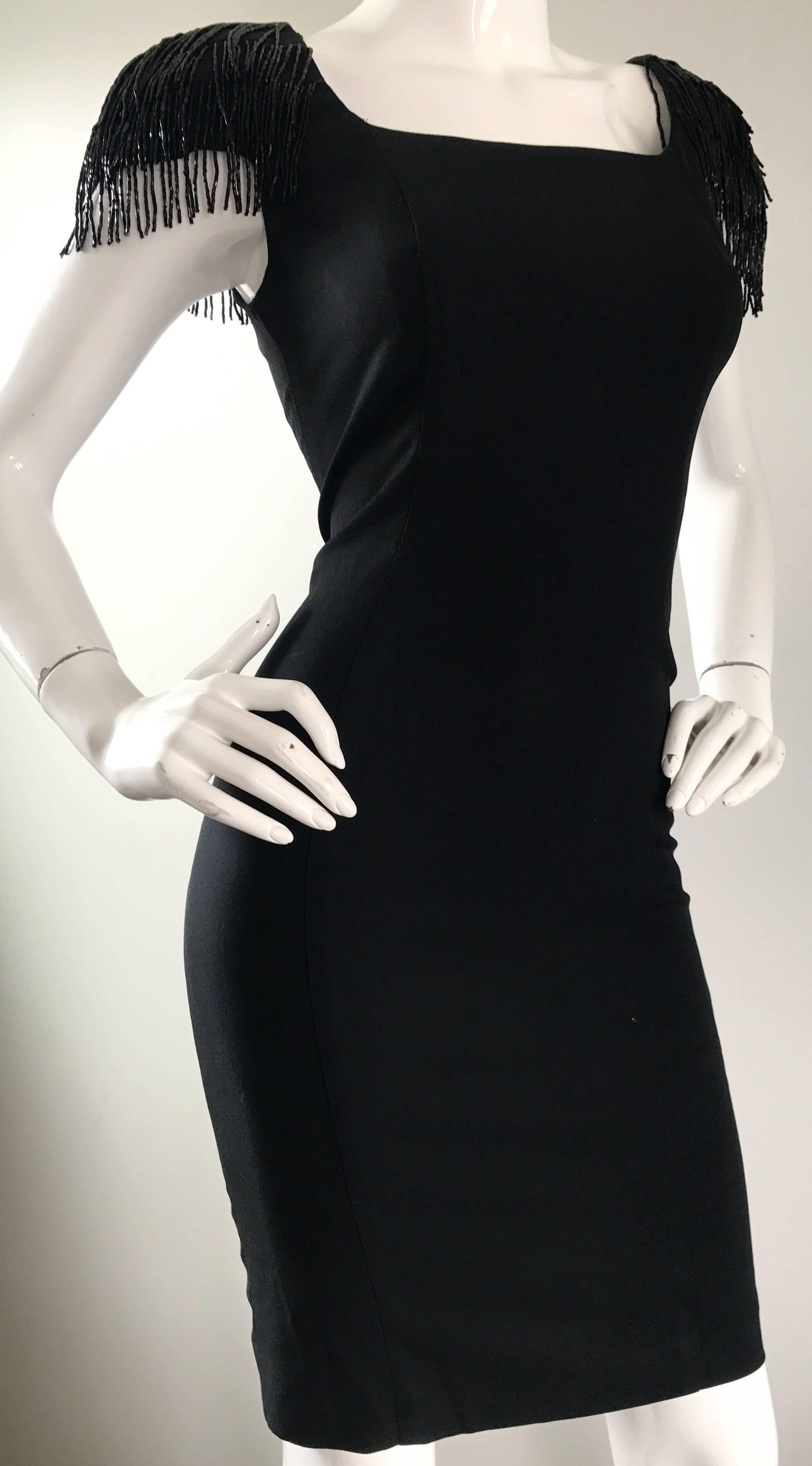 Women's 1990s Black Crepe Beaded Sleeves Bodycon Vintage Cap Sleeve Little Black Dress For Sale