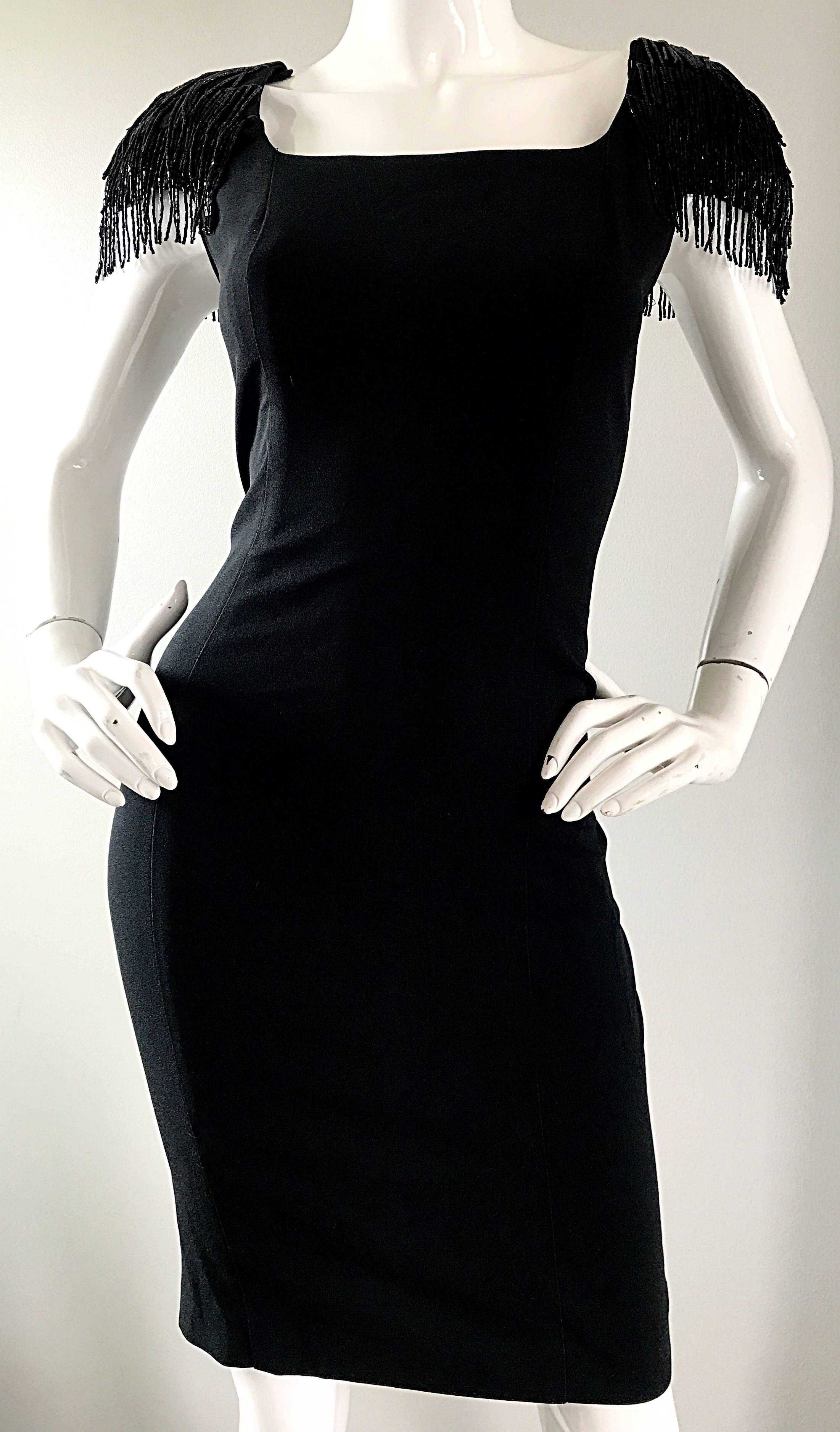 1990s Black Crepe Beaded Sleeves Bodycon Vintage Cap Sleeve Little Black Dress For Sale 1