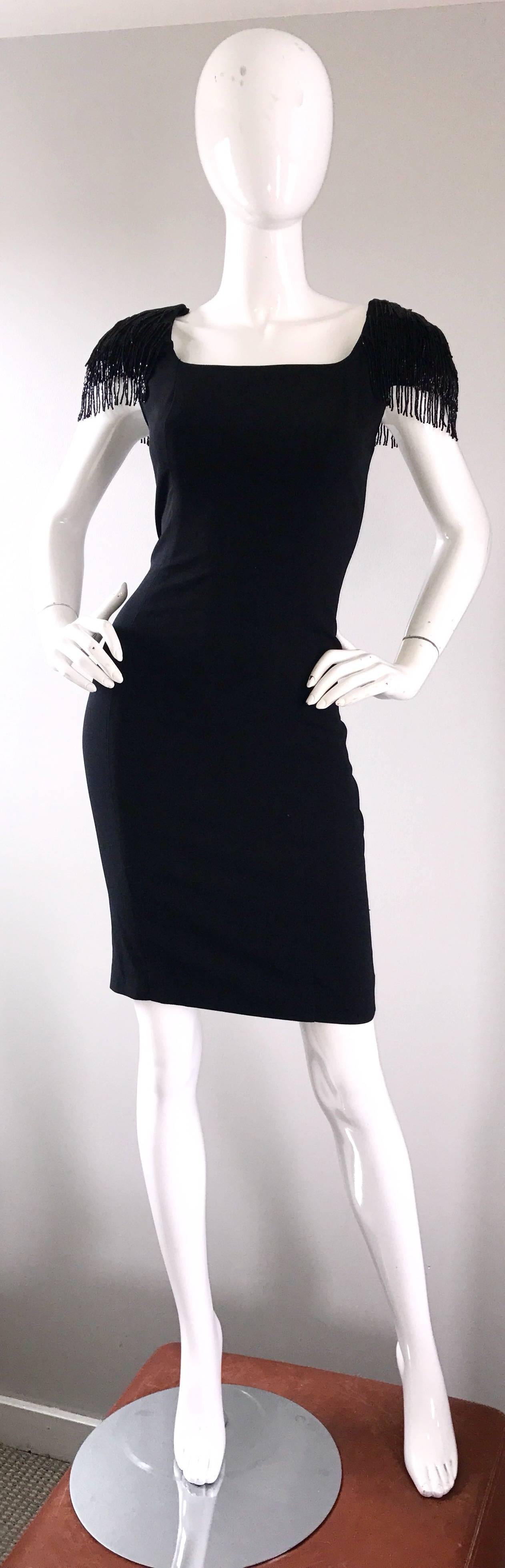 1990s Black Crepe Beaded Sleeves Bodycon Vintage Cap Sleeve Little Black Dress For Sale 2