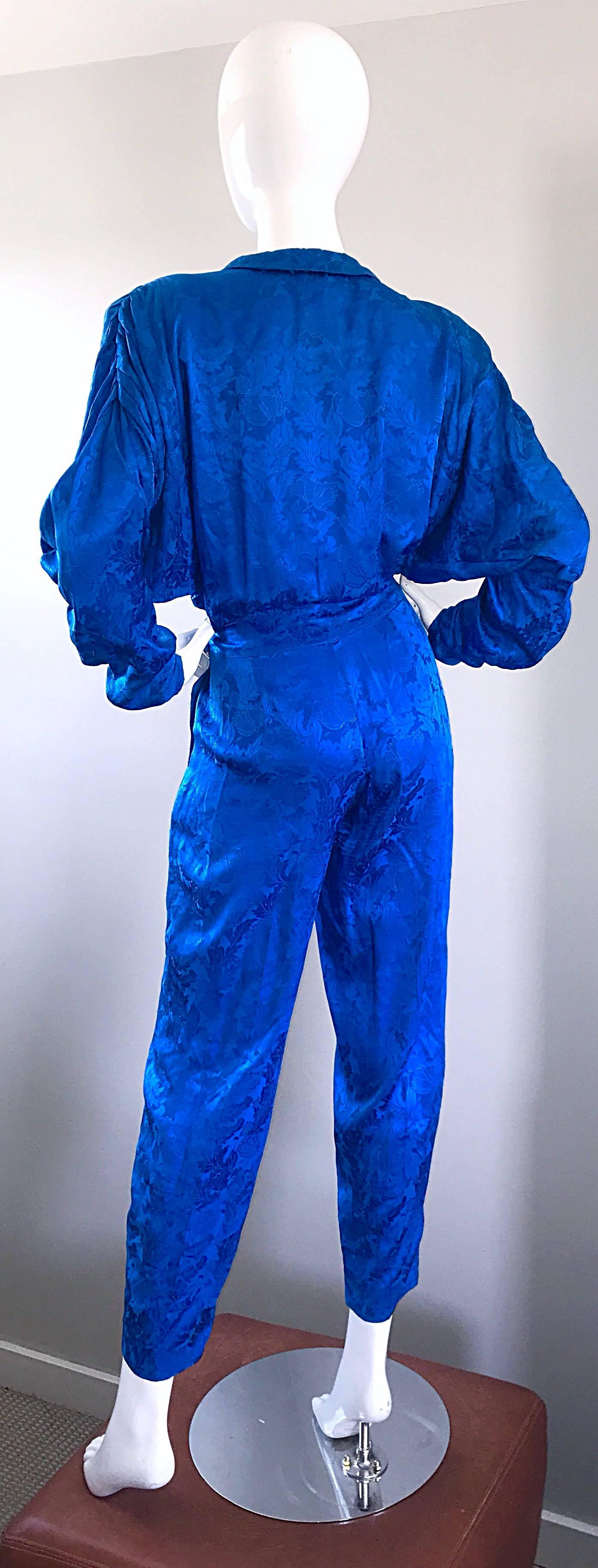Vintage Flora Kung Royal Blue Size 10 Silk Long Dolman Sleeve Jumpsuit  For Sale 1