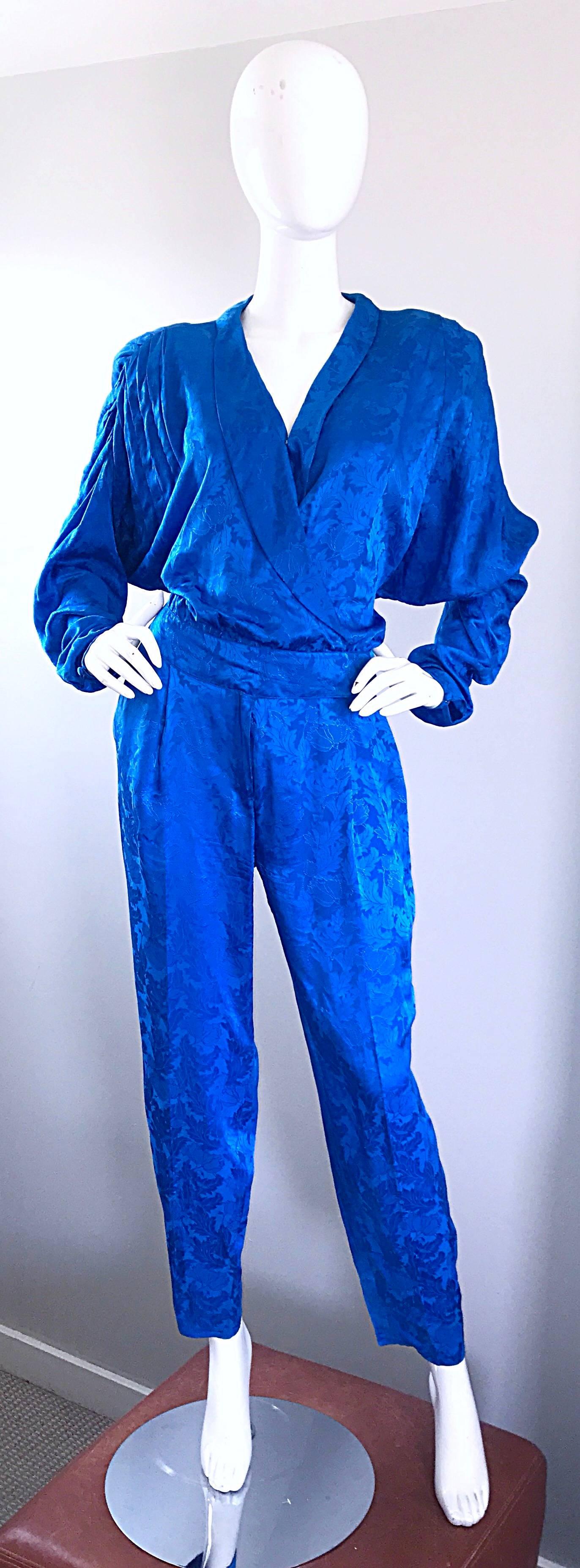 Vintage Flora Kung Royal Blue Size 10 Silk Long Dolman Sleeve Jumpsuit  For Sale 2