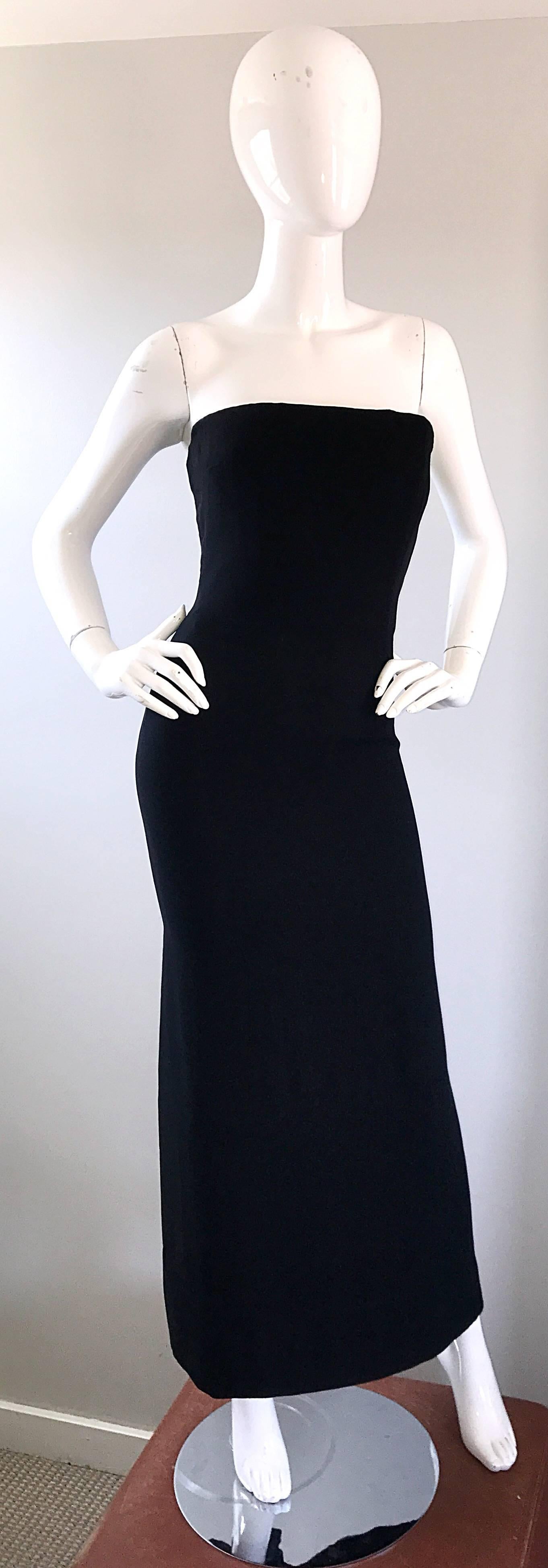 1950s Neiman Marcus Couture Black Silk Chiffon Strapless Vintage 50s Wiggle Gown For Sale 2