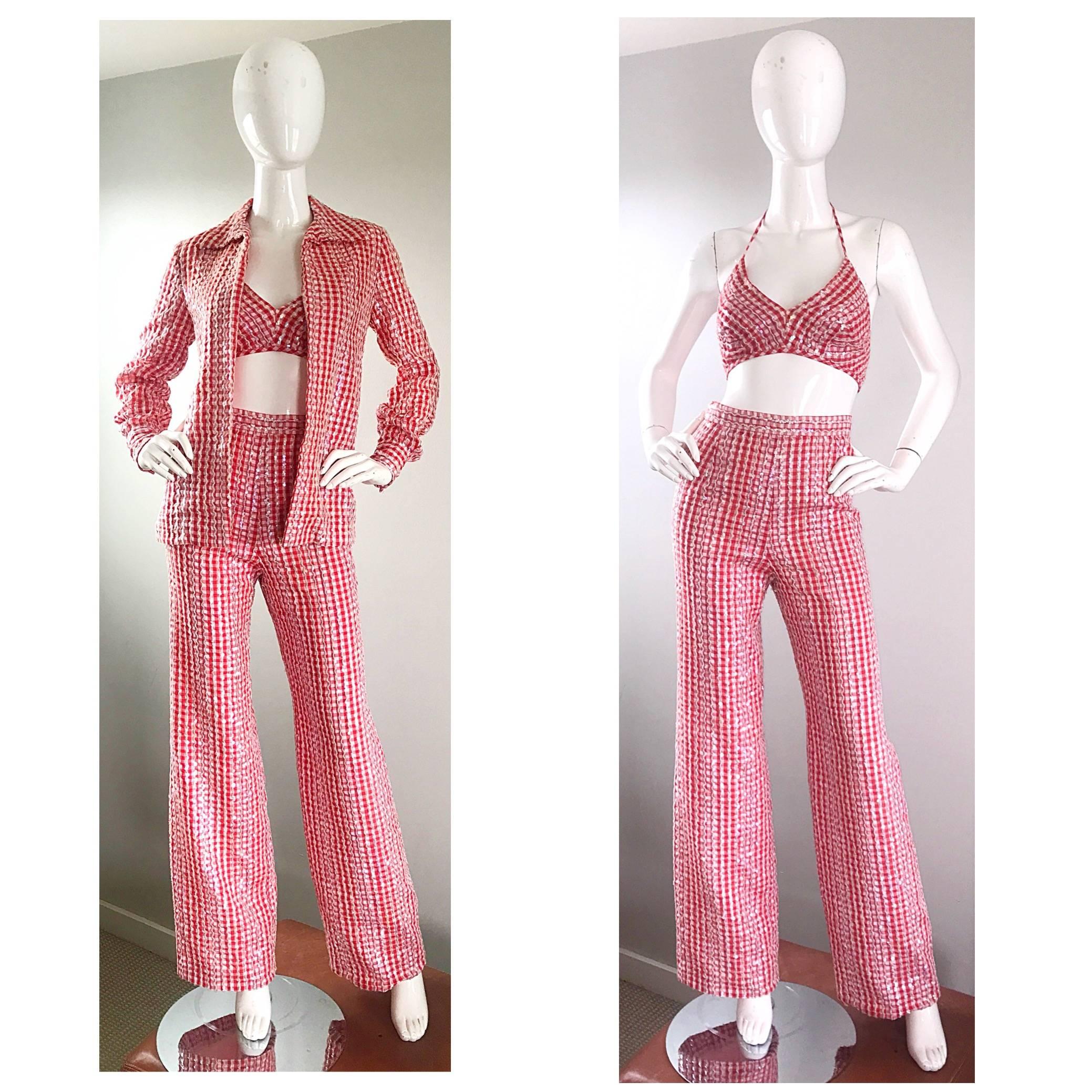 Rare 1970s ANTHONY MUTO for LILLIE RUBIN red and white gingham sequined three piece set! Features a cropped bra top, high waisted wide leg trousers, and a collared blouse. Thousands of hand-sewn clear iridescent sequins on a nice cotton throughout.