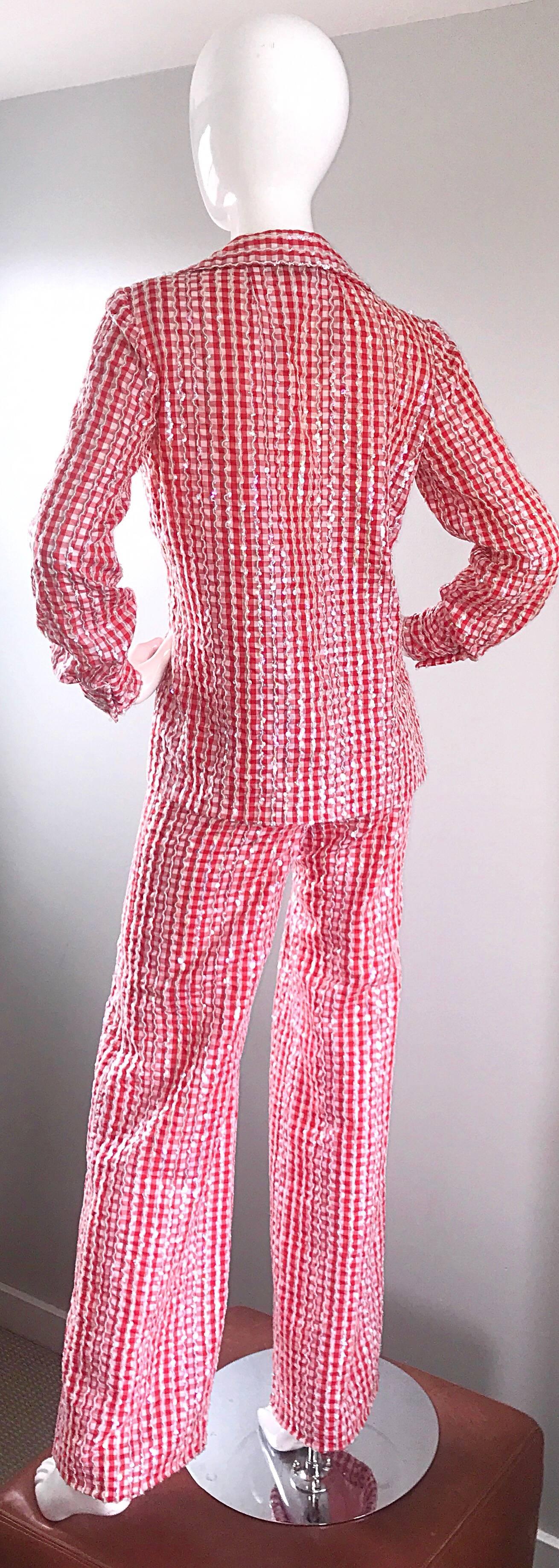 Rose 1970s Anthony Muto Red White Gingham Sequined Vintage 70s Three  Pieces Ensemble  en vente