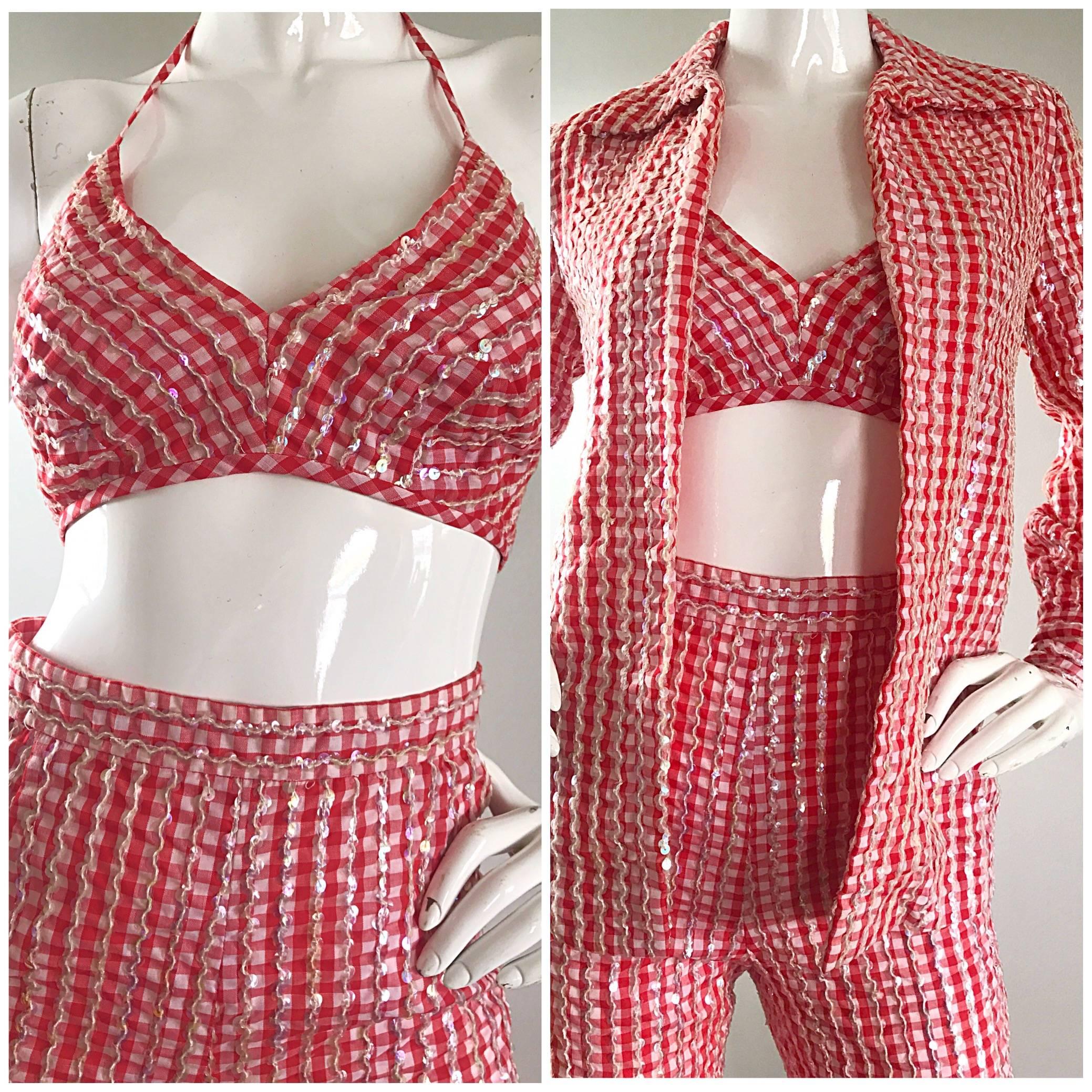 Pink 1970s Anthony Muto Red White Gingham Sequined Vintage 70s Three  Piece Ensemble  For Sale