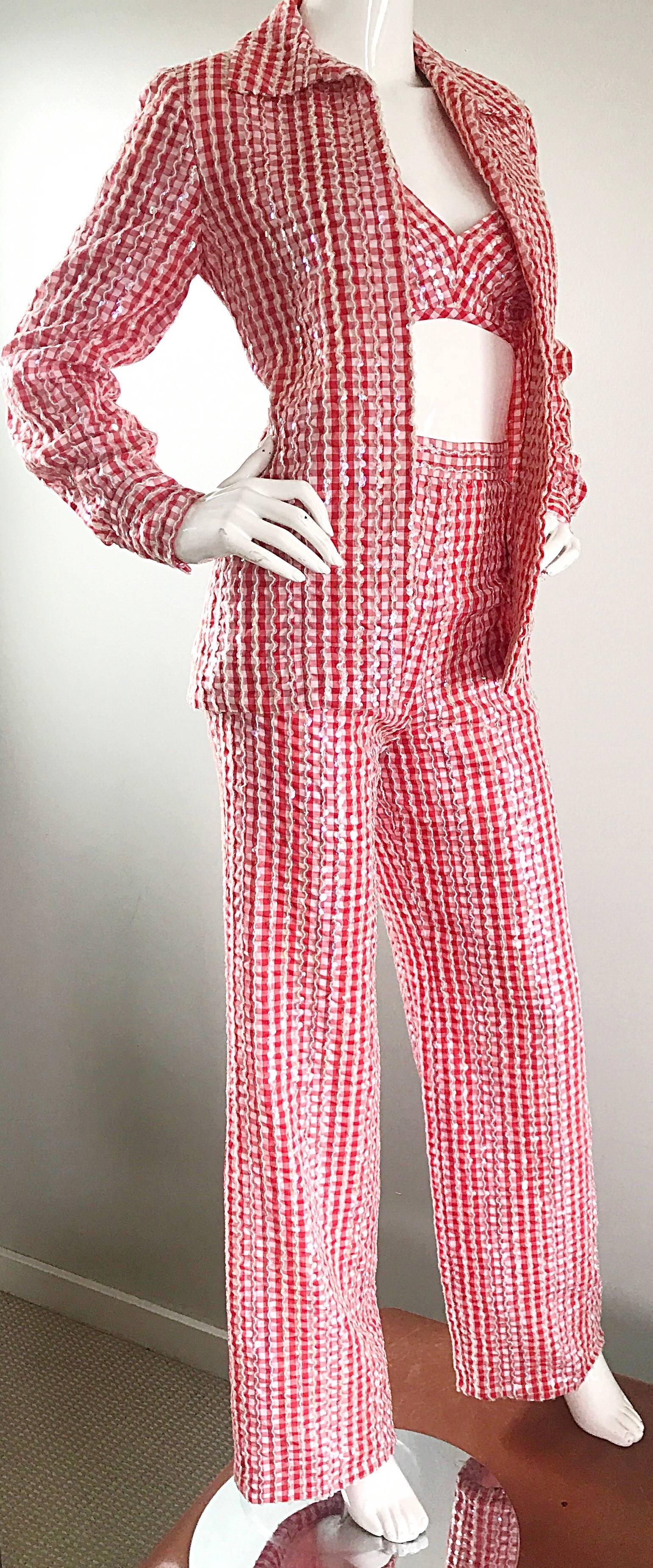 1970s Anthony Muto Red White Gingham Sequined Vintage 70s Three  Pieces Ensemble  Pour femmes en vente