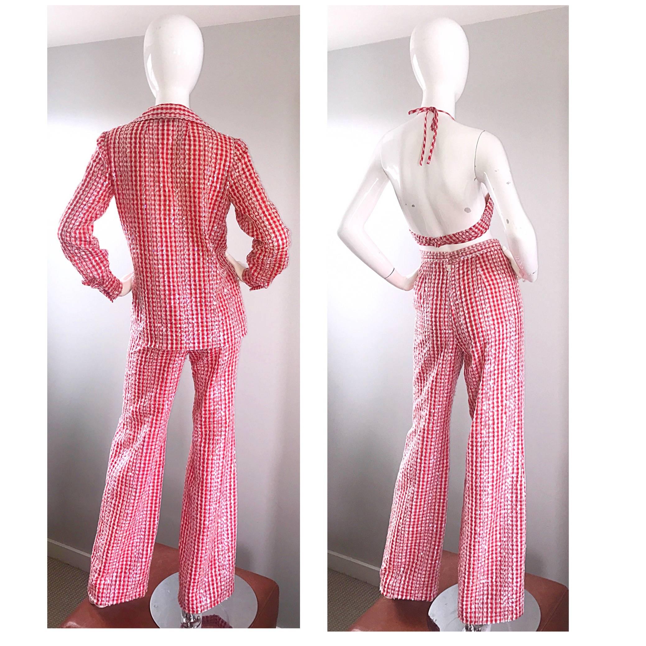 1970s Anthony Muto Red White Gingham Sequined Vintage 70s Three  Pieces Ensemble  en vente 2