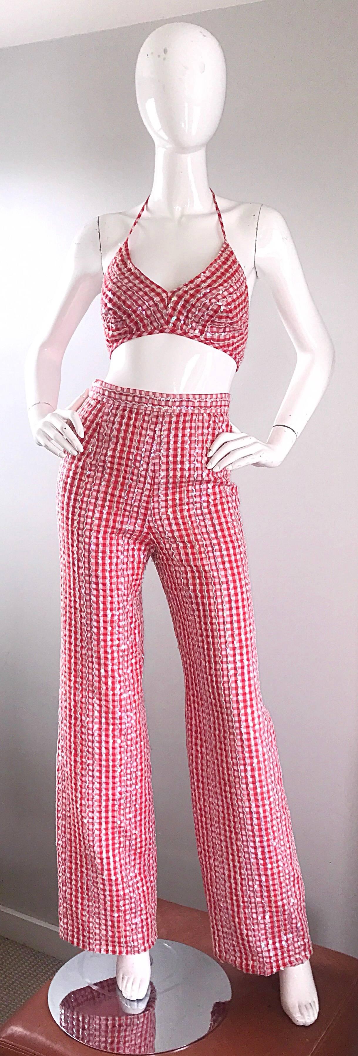 1970s Anthony Muto Red White Gingham Sequined Vintage 70s Three  Pieces Ensemble  en vente 1