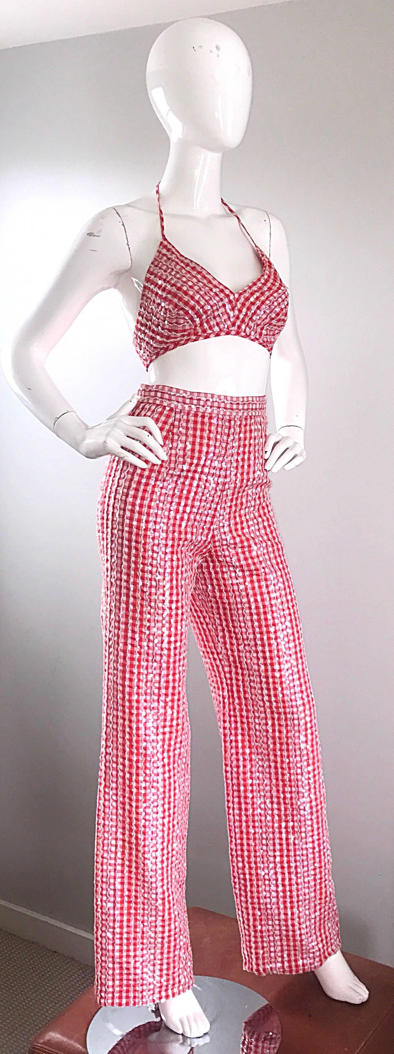 1970er Anthony Muto Rot Weiß Gingham Pailletten Vintage 70er Drei  Pieces Ensemble im Angebot 3