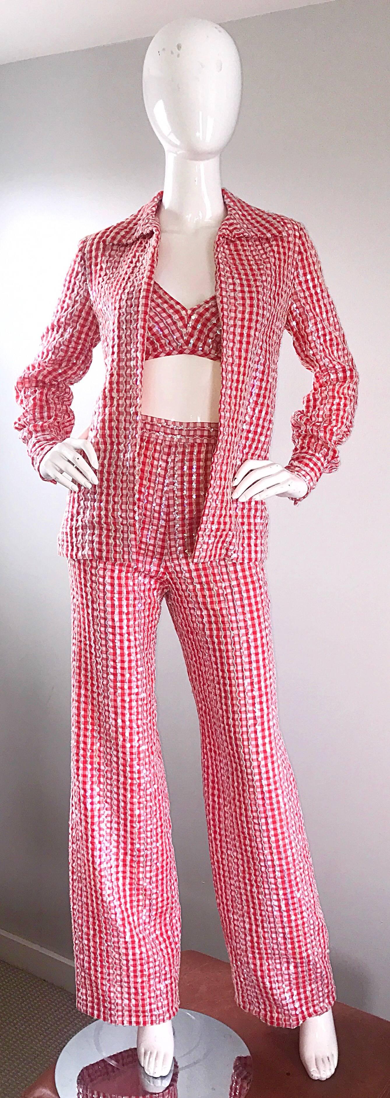 1970s Anthony Muto Red White Gingham Sequined Vintage 70s Three  Piece Ensemble  For Sale 3