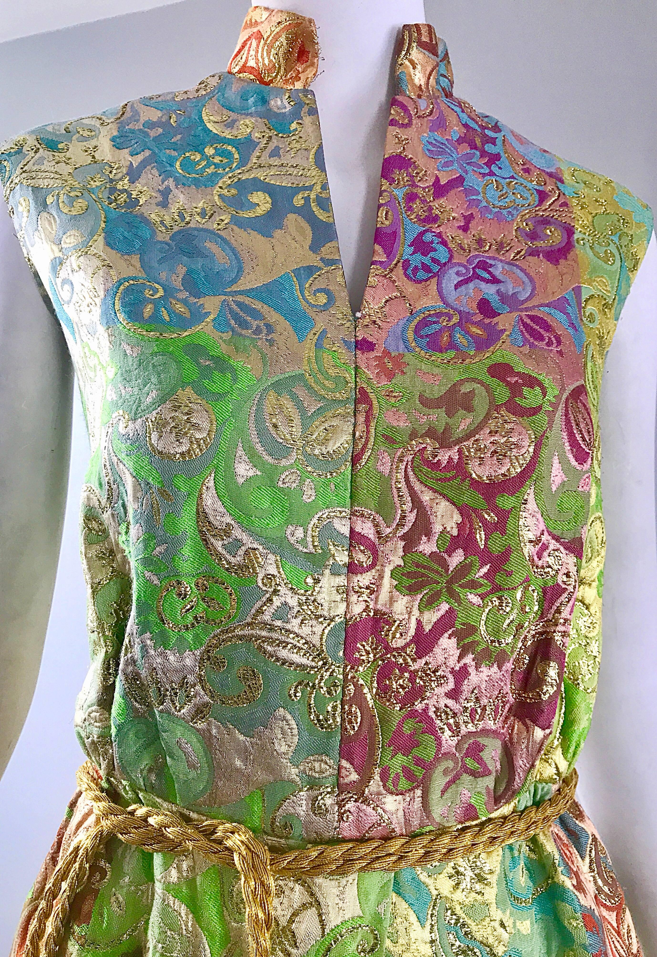 Joseph Magnin 1970s Colorful Silk Brocade Palazzo Leg Vintage Cropped Jumpsuit In Excellent Condition In San Diego, CA