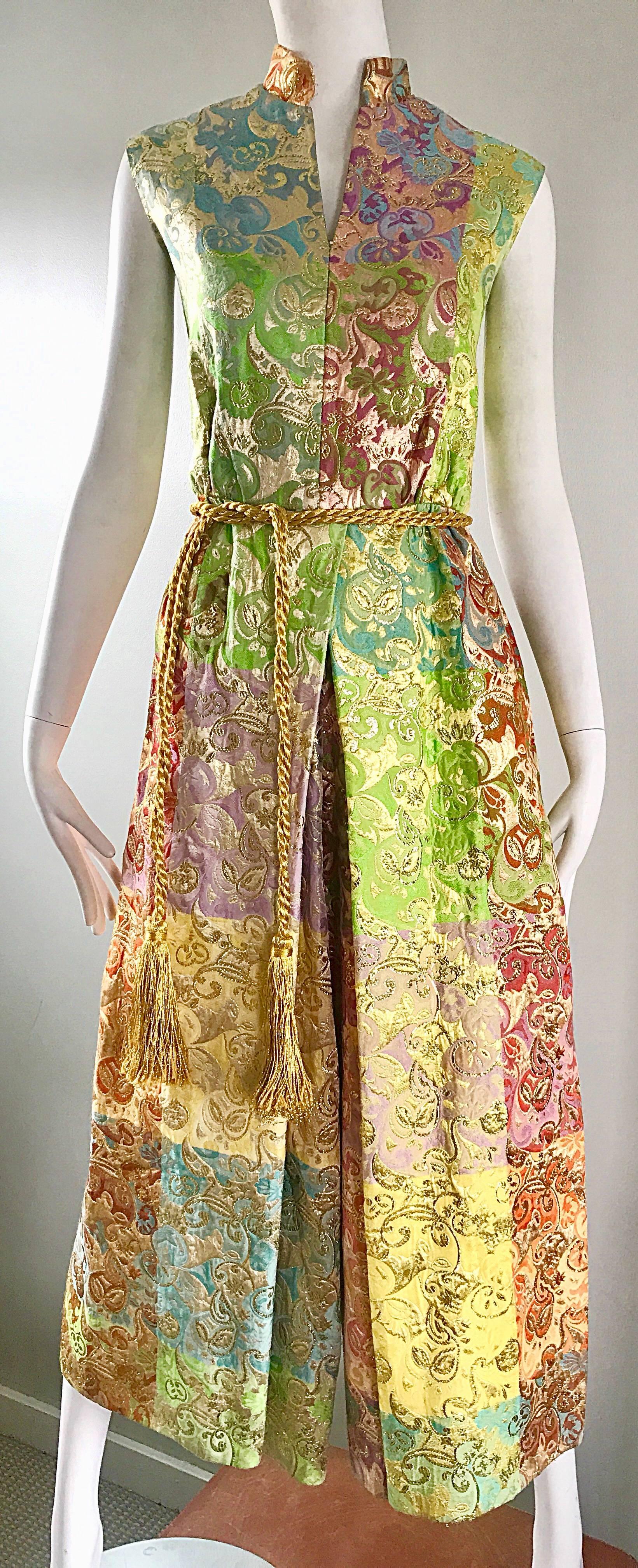 Women's Joseph Magnin 1970s Colorful Silk Brocade Palazzo Leg Vintage Cropped Jumpsuit