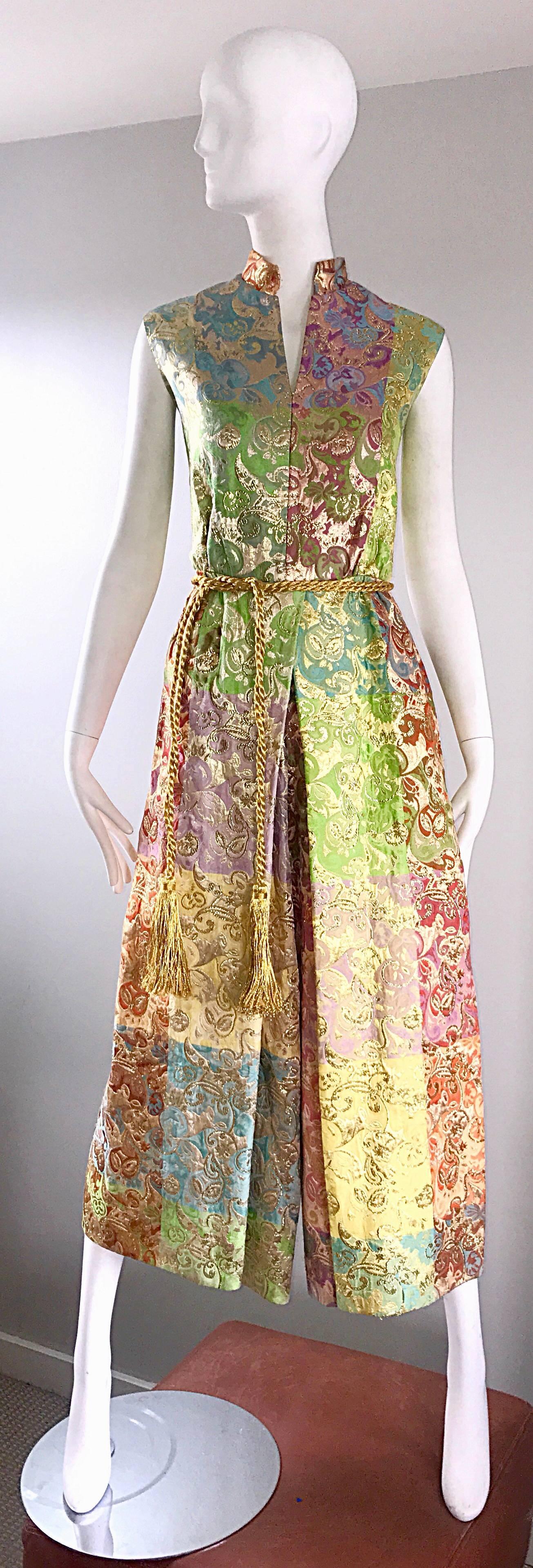 Joseph Magnin 1970s Colorful Silk Brocade Palazzo Leg Vintage Cropped Jumpsuit 2