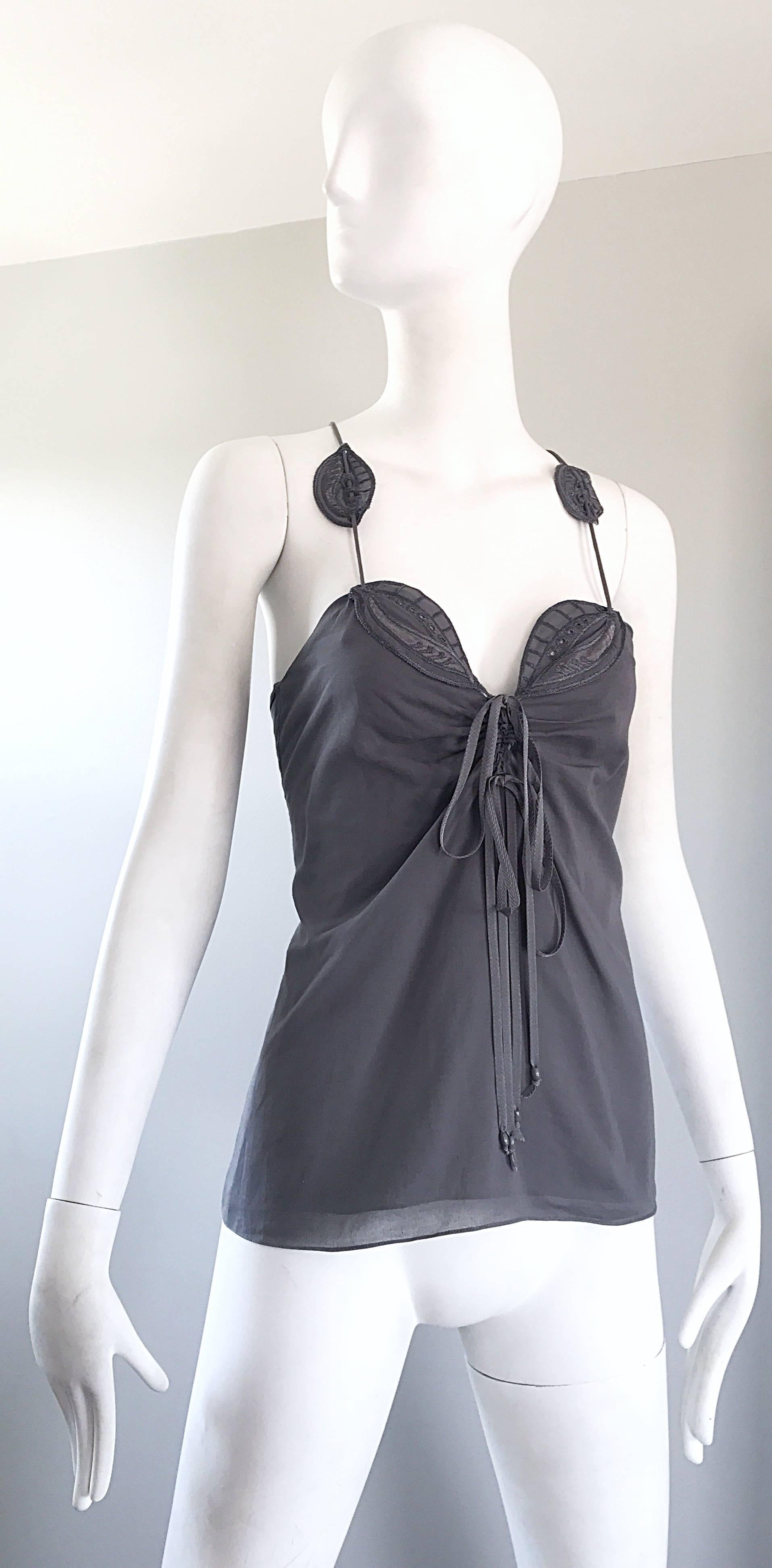 Women's New Zac Posen Gray ' Leaf ' Embroidered Size 2 Spaghetti Strap Cotton Top Sz 2 4 For Sale